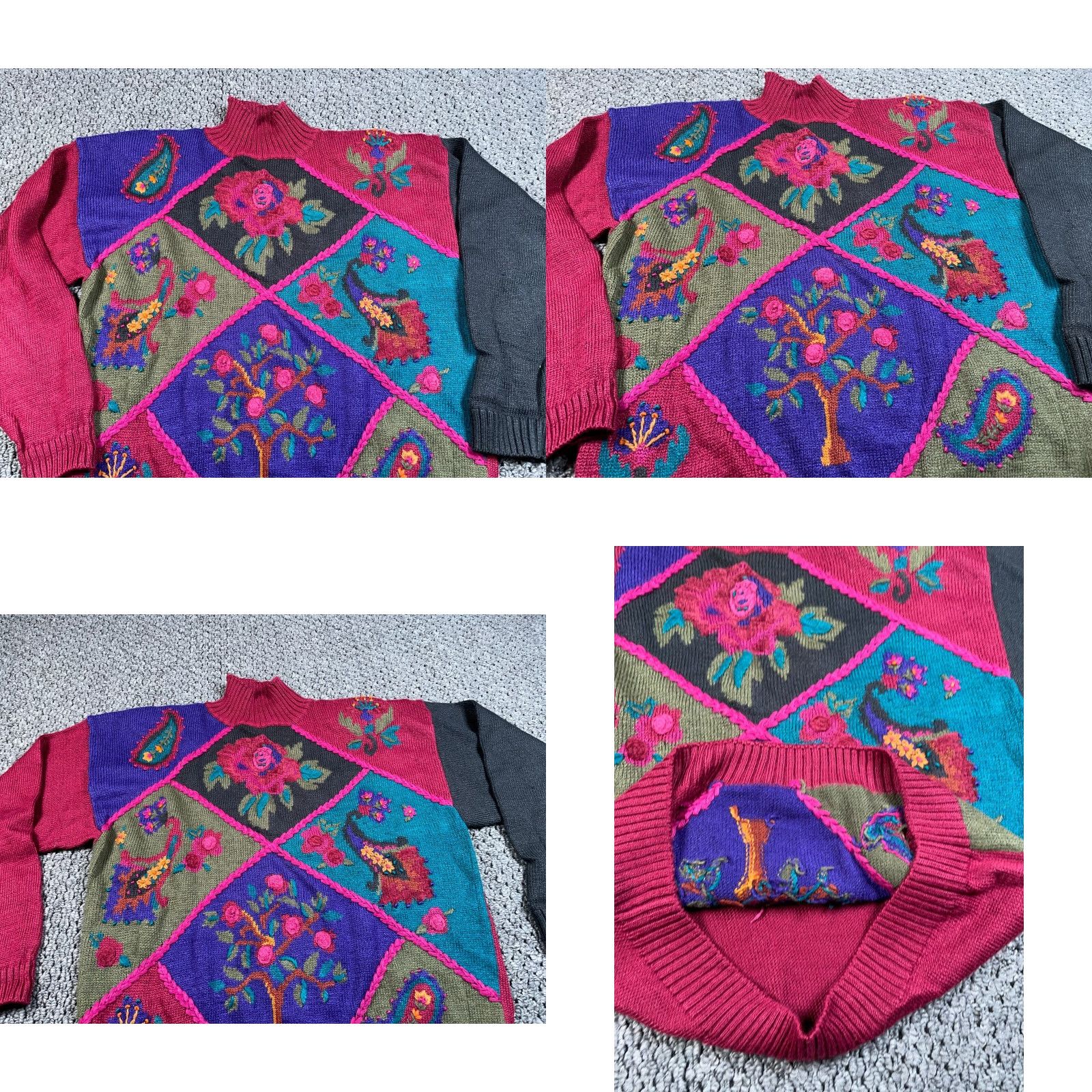 Vintage VINTAGE Floral Paisley Embroidered Chunky-Knit Mock Neck Sweater Women's Large Dark Red Preppy 90s Size L / US 10 / IT 46 - 8 Thumbnail