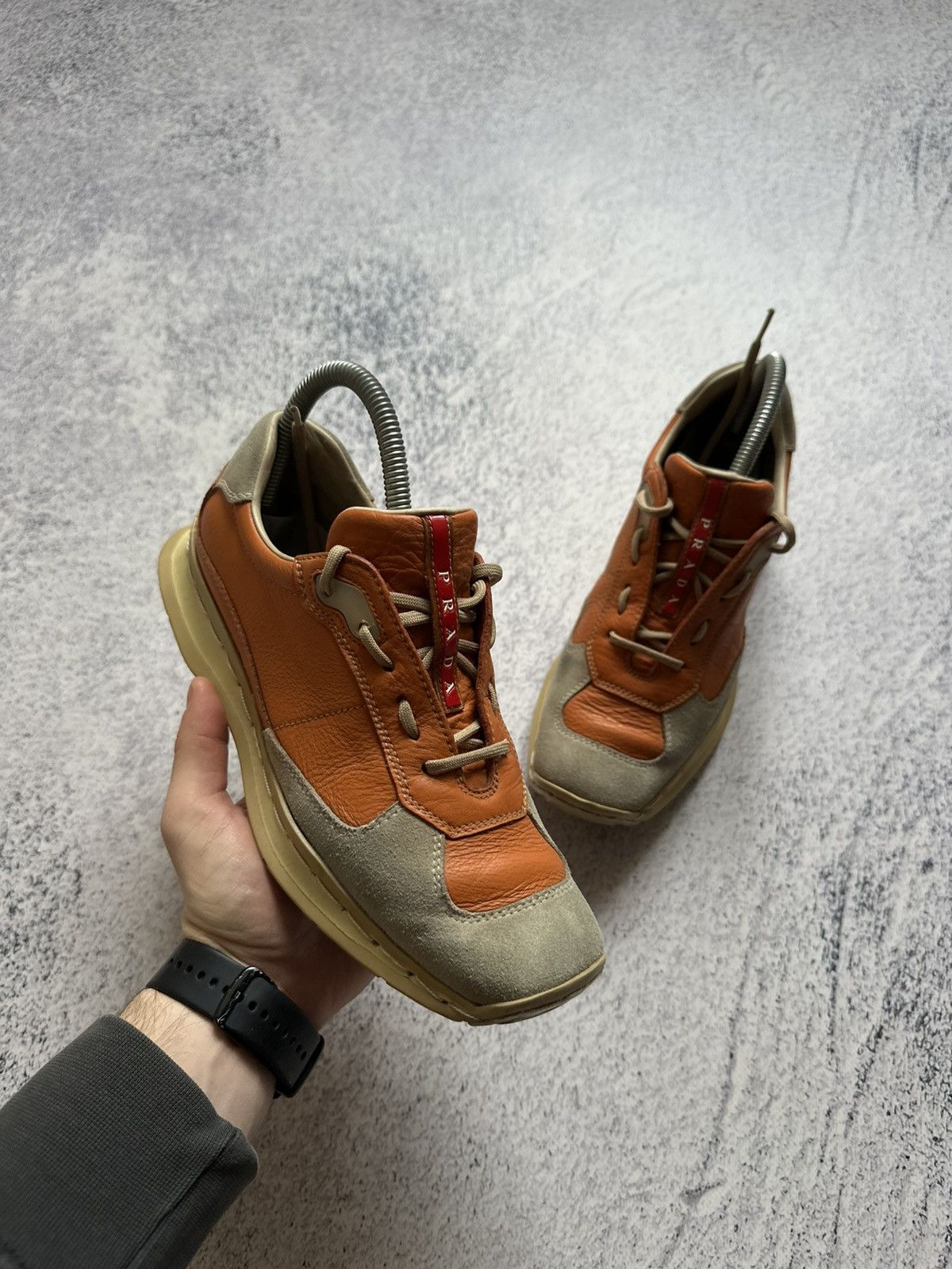 Prada Prada Red Tab Orange Leather Gray Suede Trainers Sneakers Size US 7 / IT 37 - 1 Thumbnail