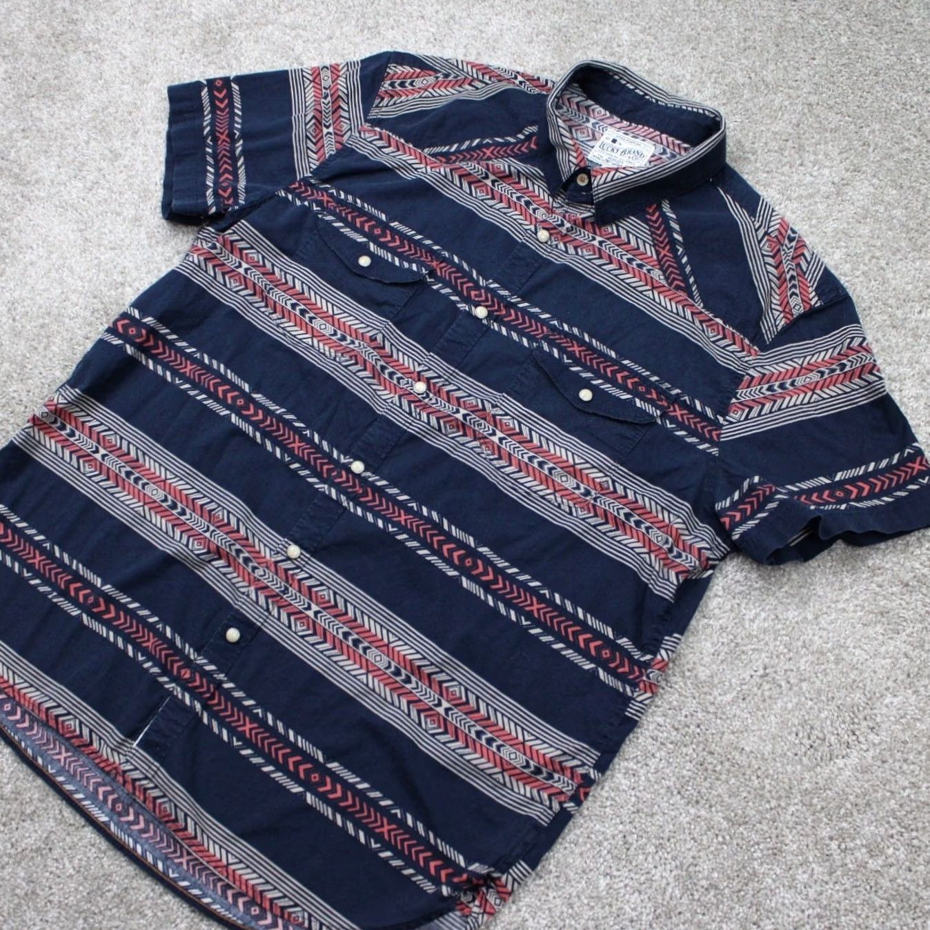 Lucky Brand Lucky Brand Pearl Snap Shirt Mens L Blue/Pink/White Cotton Stretch S/S Shirt Size US L / EU 52-54 / 3 - 3 Thumbnail