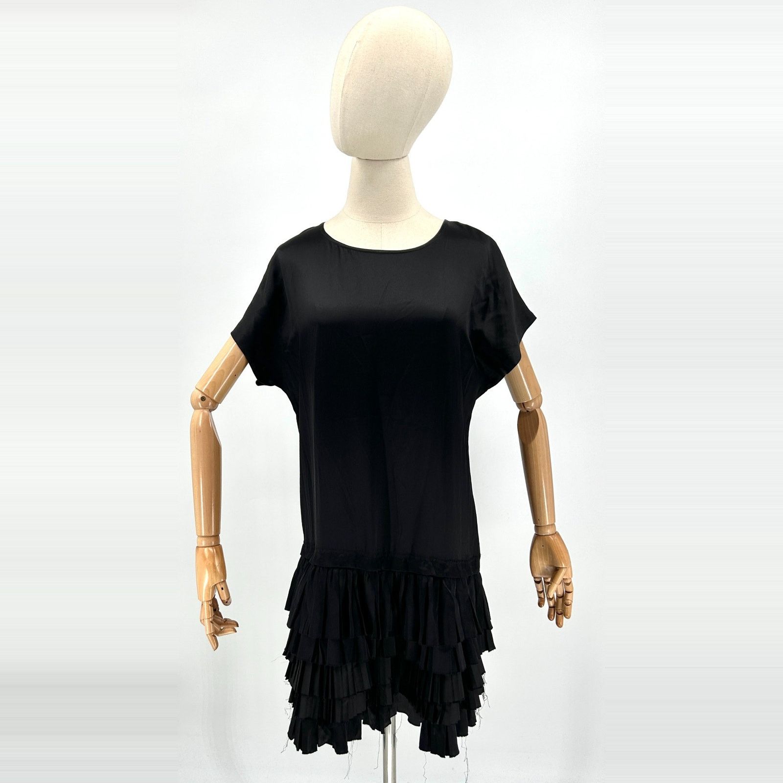 Black 100% Silk Satin Drop Waist Tiered Ruffle Mini Dress