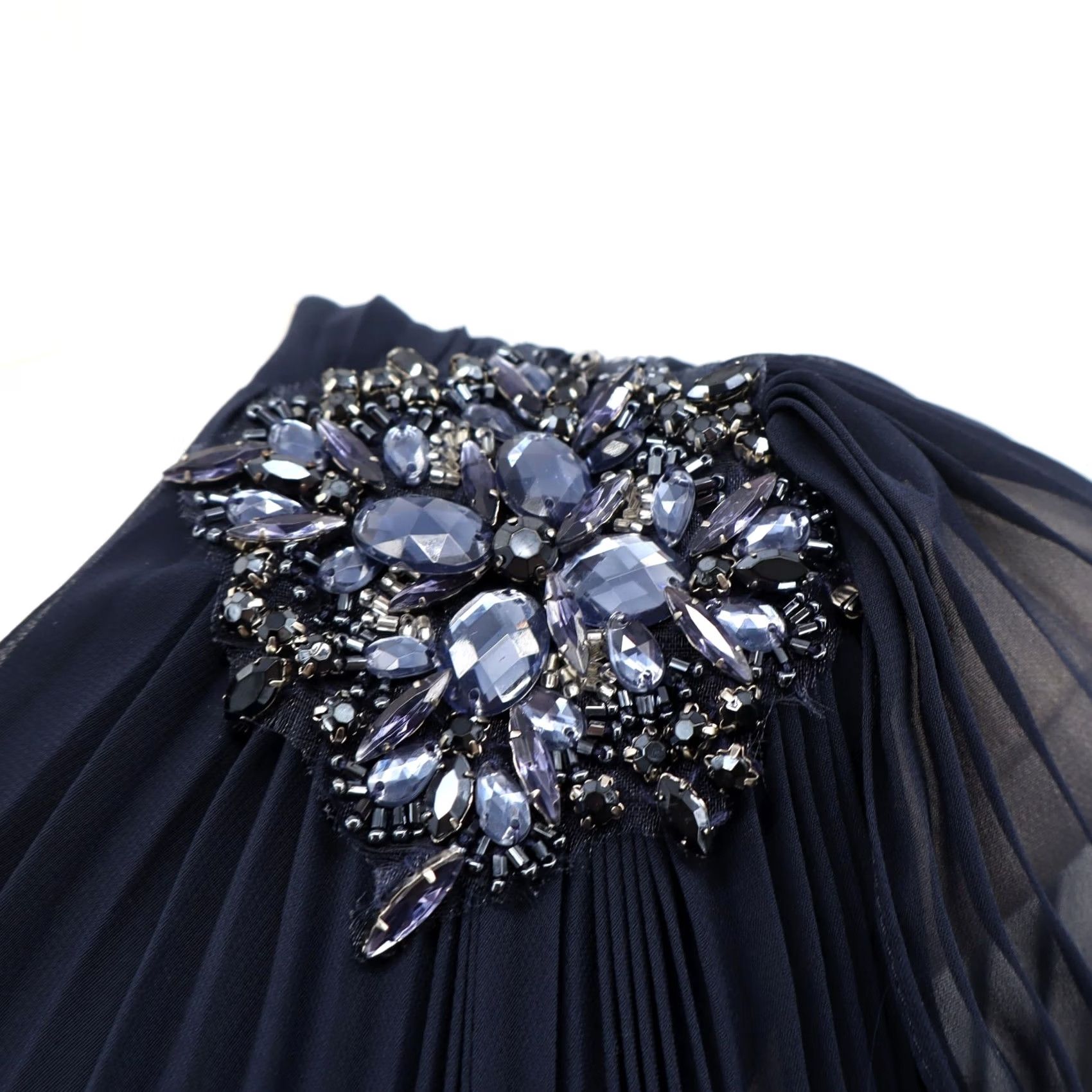 Vintage Xscape One Shoulder Pleated Bejeweled Lined Sheer Mini Dress Navy 6 Women Party Cocktail Short Dress Size M / US 6-8 / IT 42-44 - 3 Thumbnail