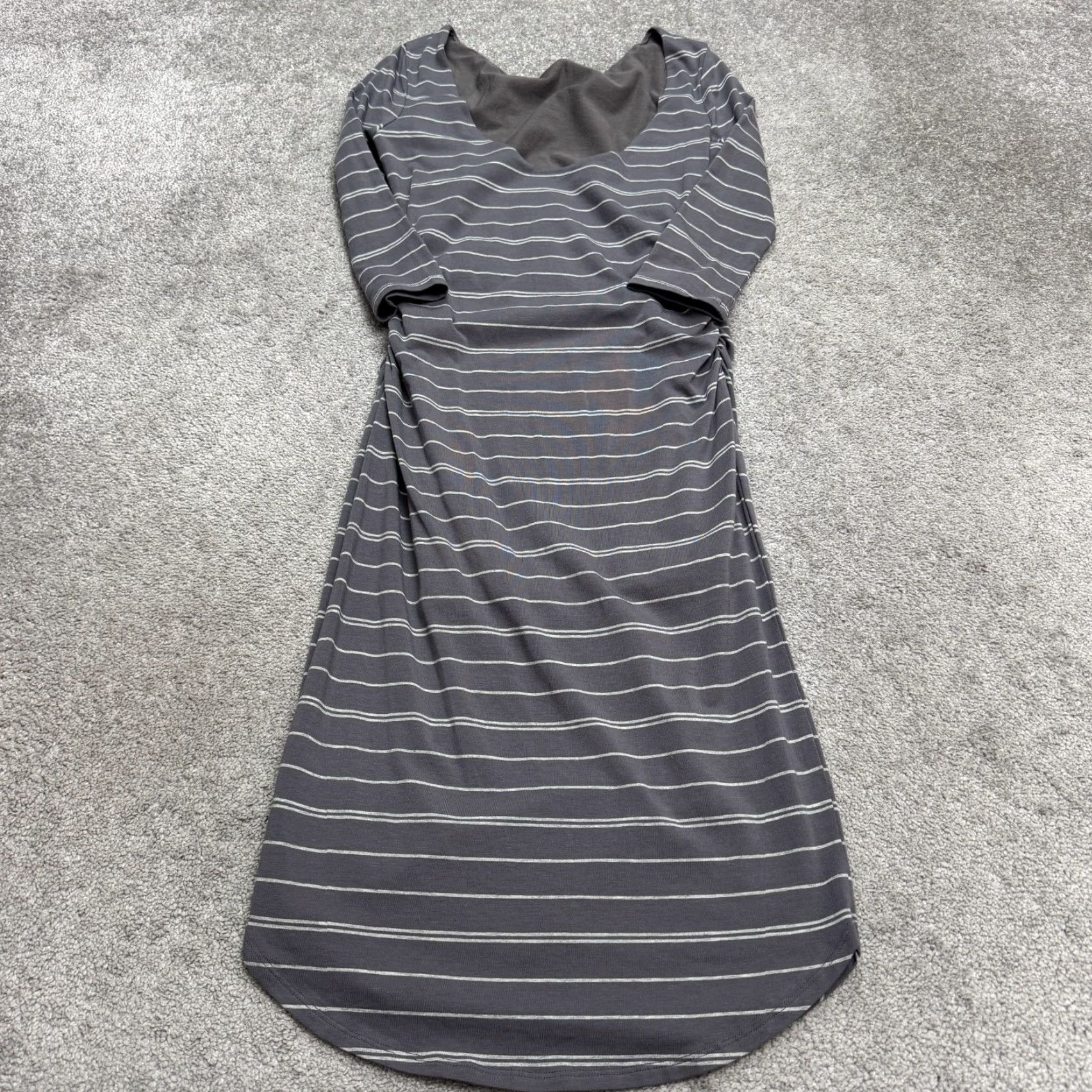 Athleta Athleta Dress Womens XS Gray White Striped Ruched Side Bodycon Midi Long Sleeve Size XS / US 0-2 / IT 36-38 - 2 Thumbnail