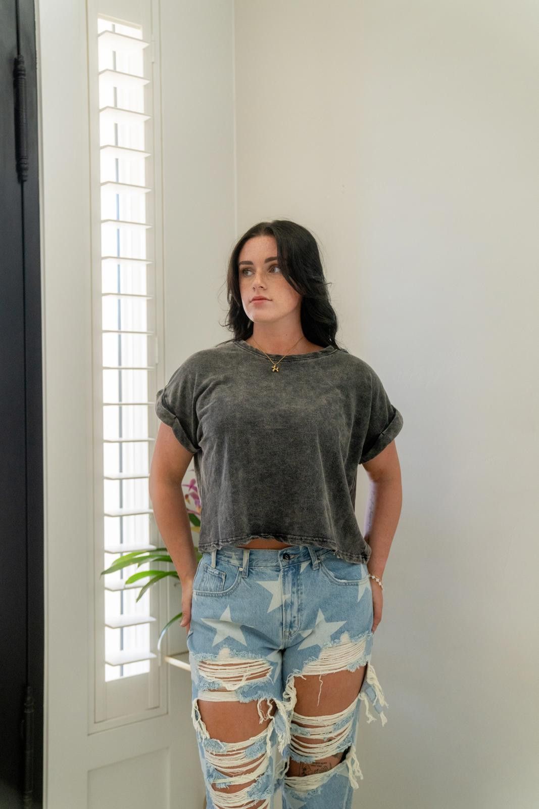 Other Acid Wash Cotton Folded Sleeve Top Zenana (Lt Plum) Size S / US 4 / IT 40 - 9 Thumbnail