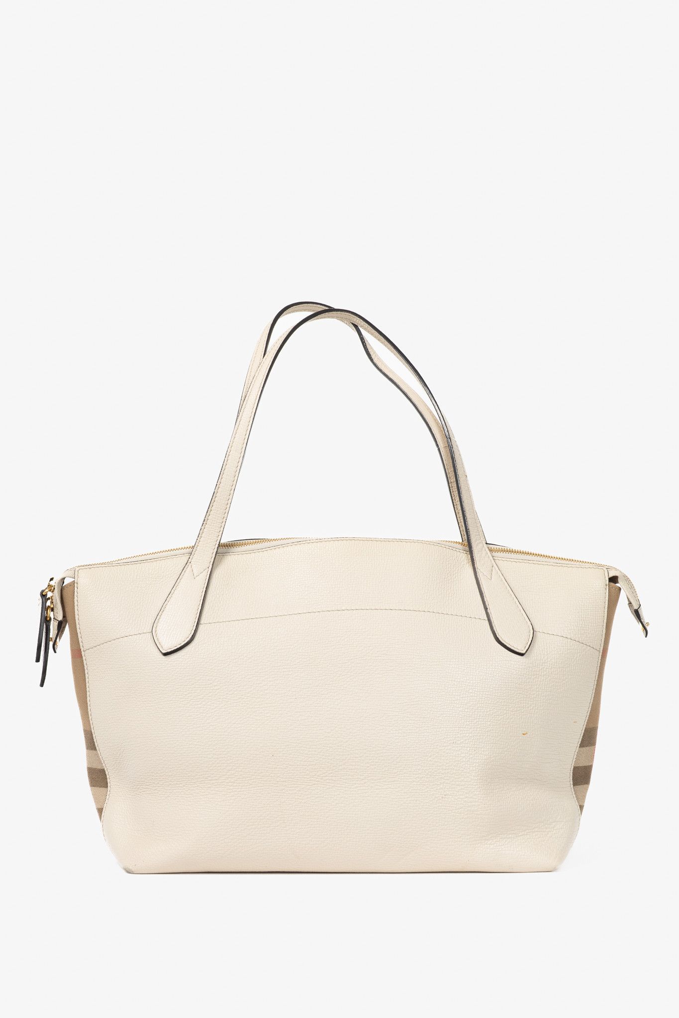 Burberry Burberry Welburn Cream Leather Check-Trim Tote Size ONE SIZE - 4 Thumbnail
