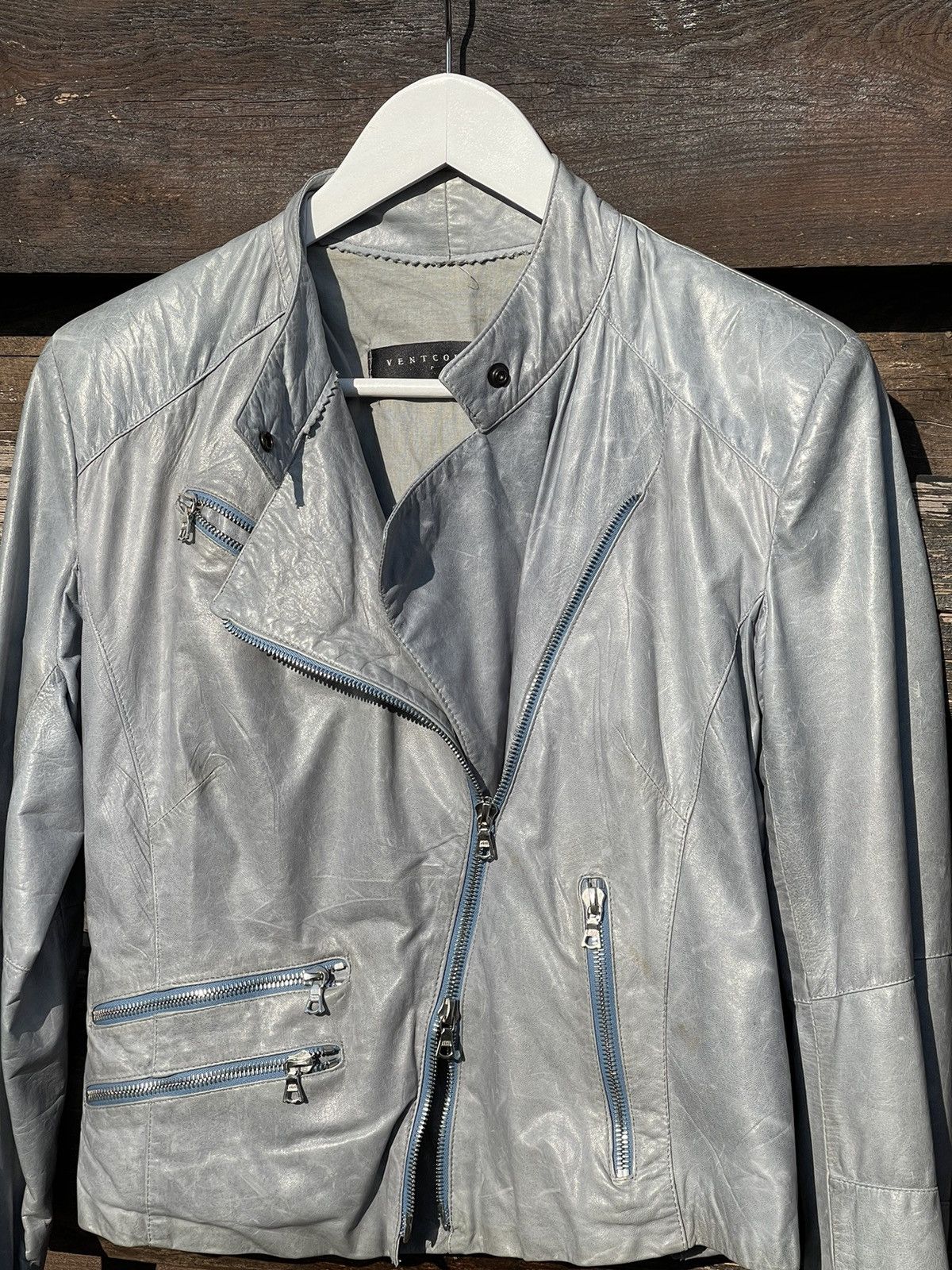 Designer Ventcouvert Paris Blue Leather Biker Jacket Size L / US 10 / IT 46 - 3 Thumbnail