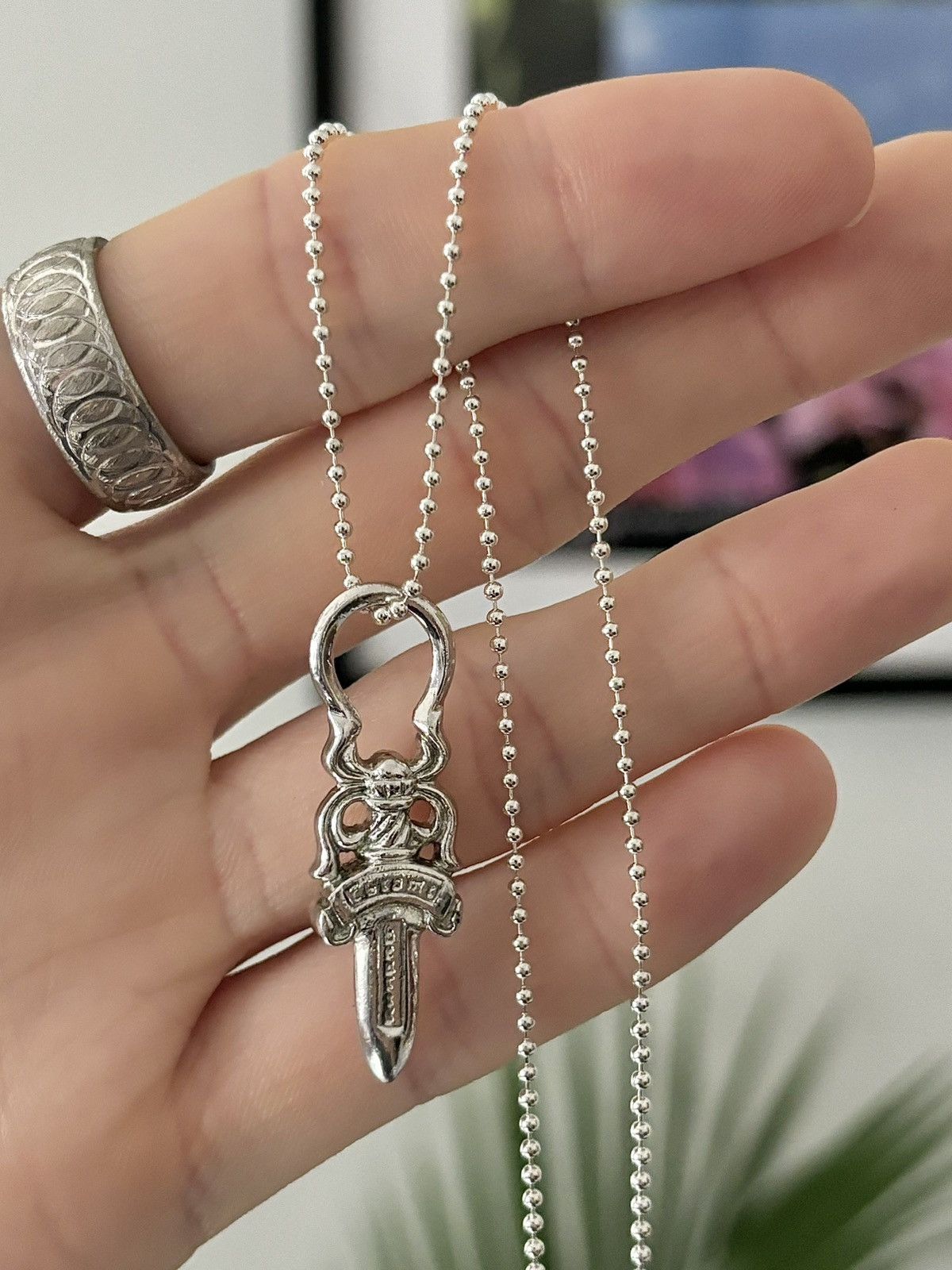 image of Chrome Hearts New Silver Rhodium Dagger Zipper Ball Chain Necklace, Men's