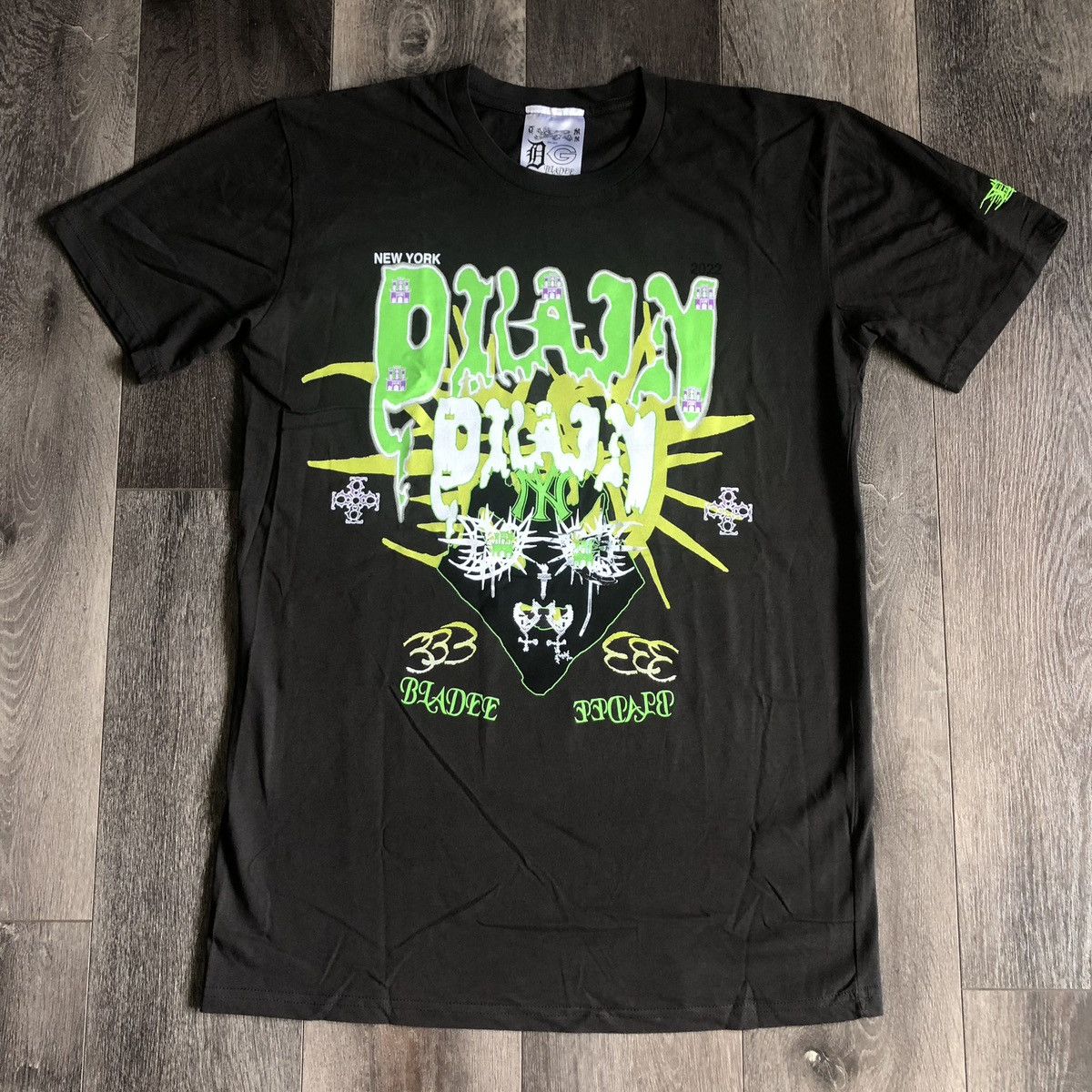 image of Bladee Drain Gang Nyc Face Shield World Tour Logo Tee Shirt in Washed Black, Men's (Size Medium)