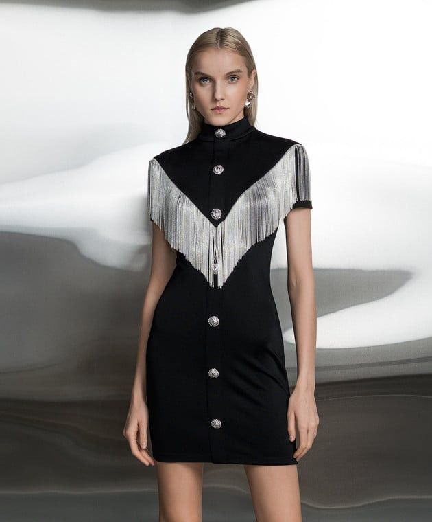 Balmain o1s1wg110825 Fringe Trim Mini Dress in Black Size L / US 10 / IT 46 - 3 Thumbnail