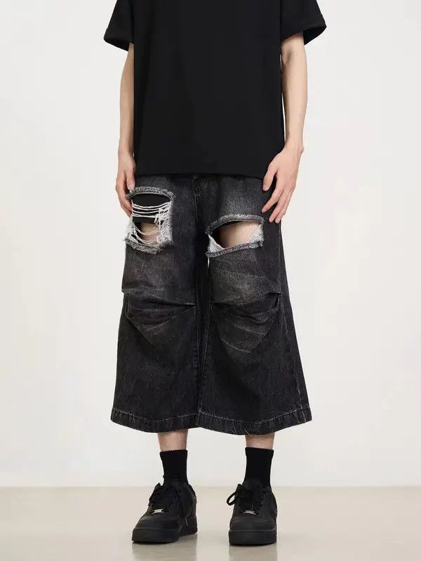 Japanese Brand VIBE Washed ripped and pleated black baggy denim shorts Size US 32 / EU 48 - 5 Thumbnail