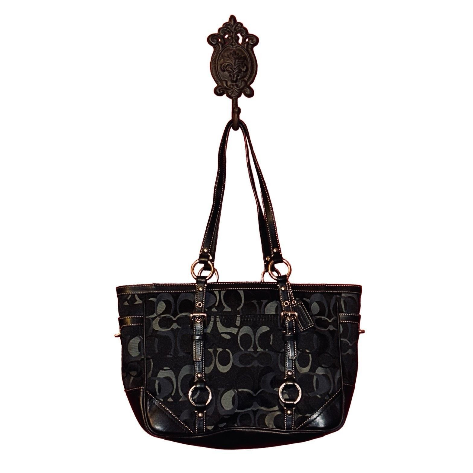 image of Coach Gallery Optic Signature Tote Bag Black & Silver C Prin, Women's