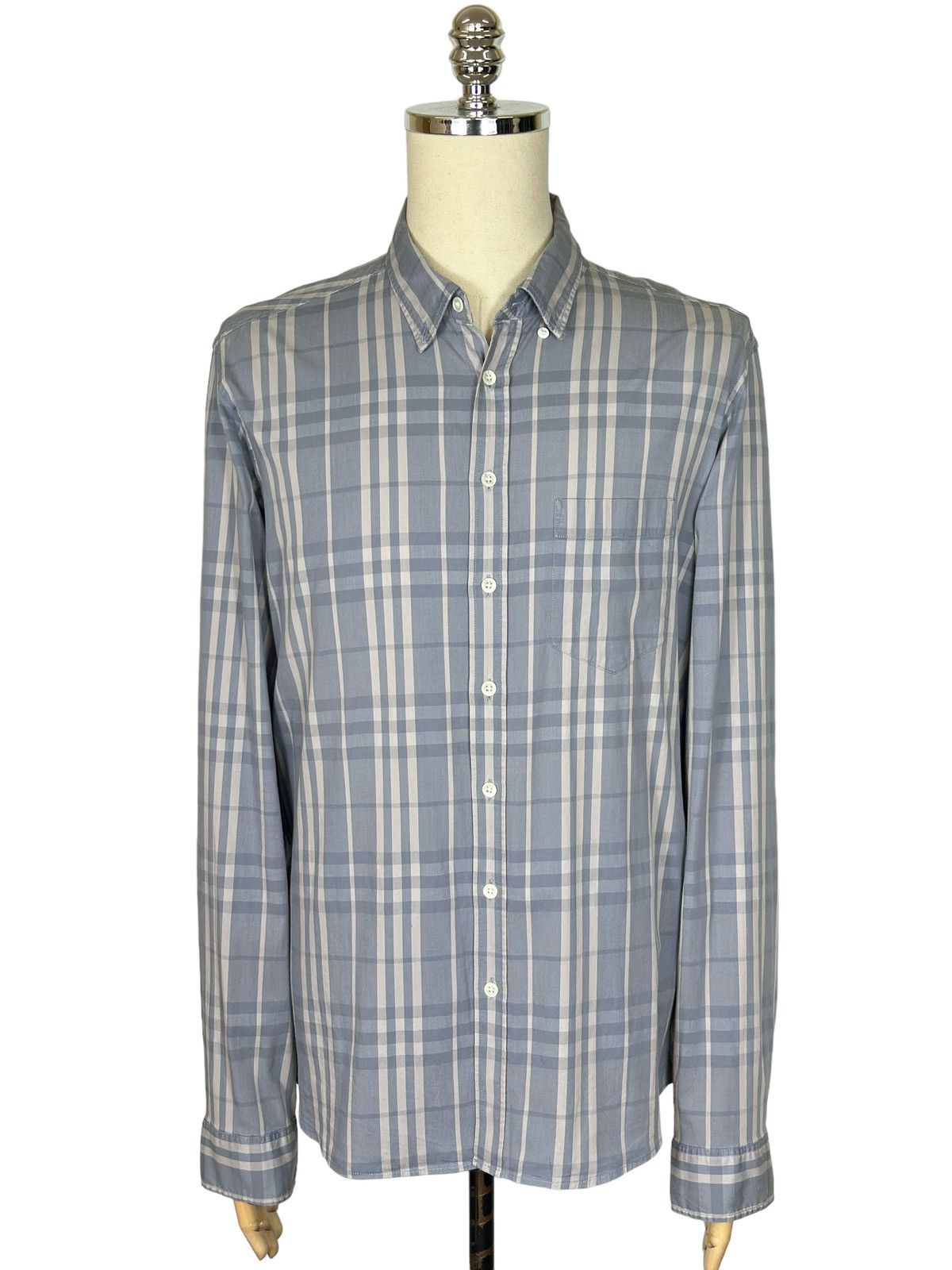 image of Burberry London Nova Check Blue Grey Long Sleeve, Men's (Size Large)