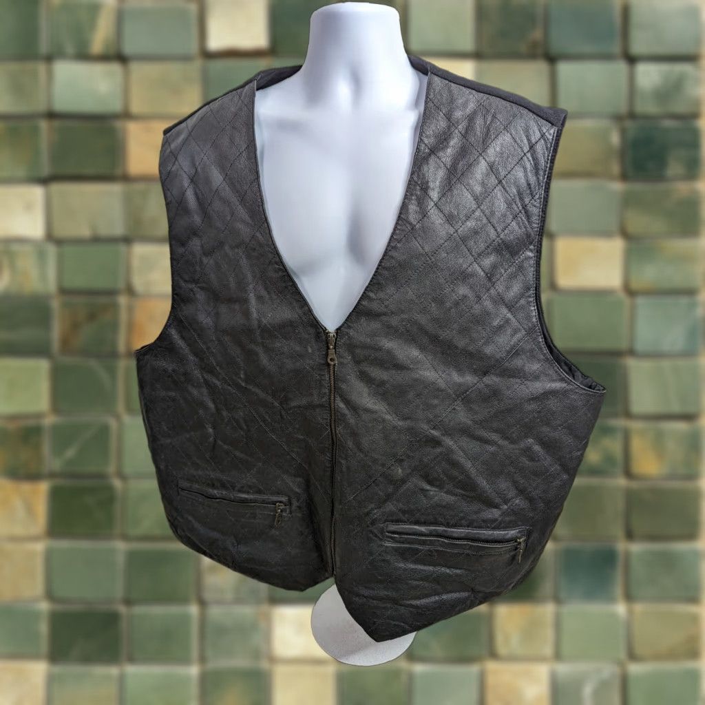 Vintage VINTAGE 90s Quilted Black Leather Biker Vest Men 3XLT Motorcycle Size 59 Pit to Pit 25 Length Size US XXL / EU 58 / 5 - 1 Thumbnail