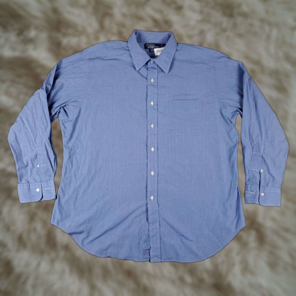 Ralph Lauren VINTAGE Ralph Lauren Dress Shirt Mens Size 17.5 Blue Cotton Long Sleeve Button Up Business Casual Formal Size 46R - 1 Thumbnail