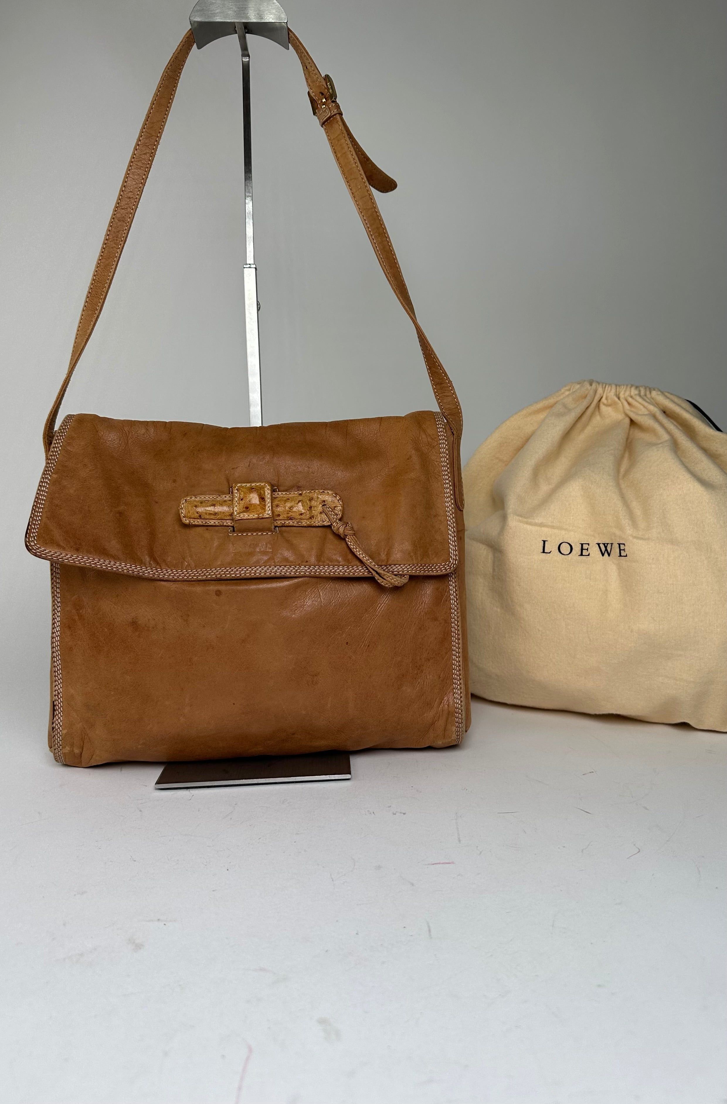 Loewe Vintage Leather Shoulder Bag with Ostrich Trim Tan Size ONE SIZE - 1 Thumbnail