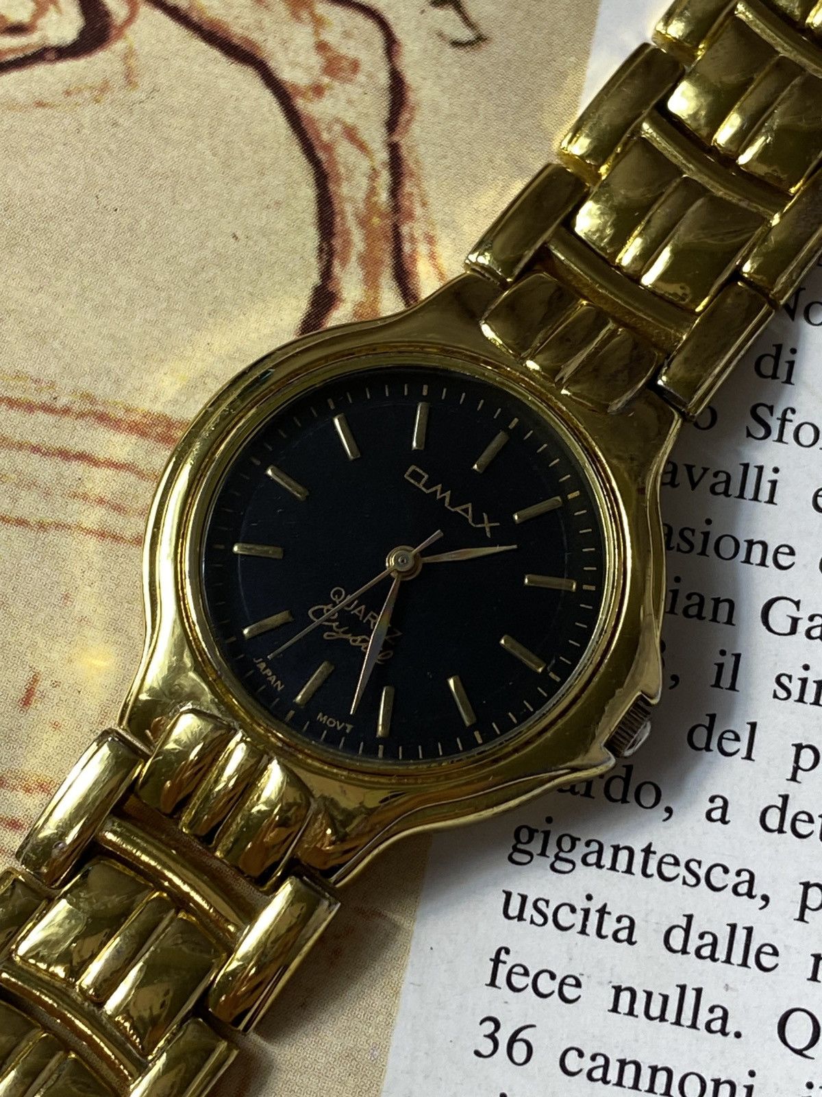 Japanese Brand OMAX Crystal Watch. Vintage Gold Tone Case. Black Dial Size ONE SIZE - 2 Thumbnail