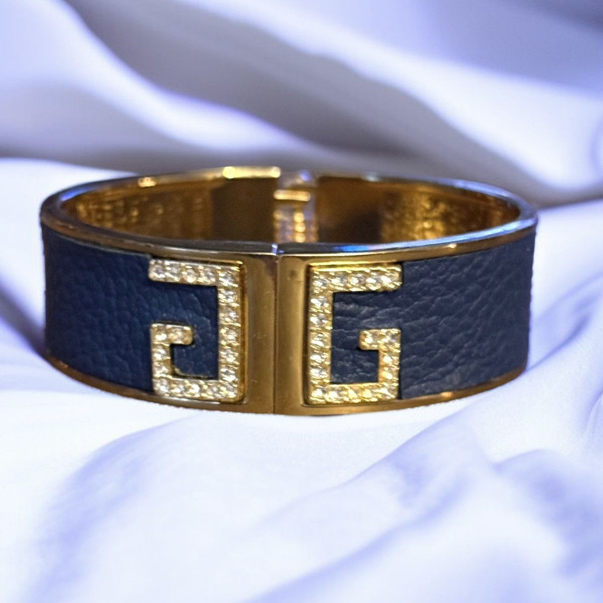 Other Gold navy blue leather rhinestone accent bangle bracelet Size ONE SIZE - 1 Thumbnail