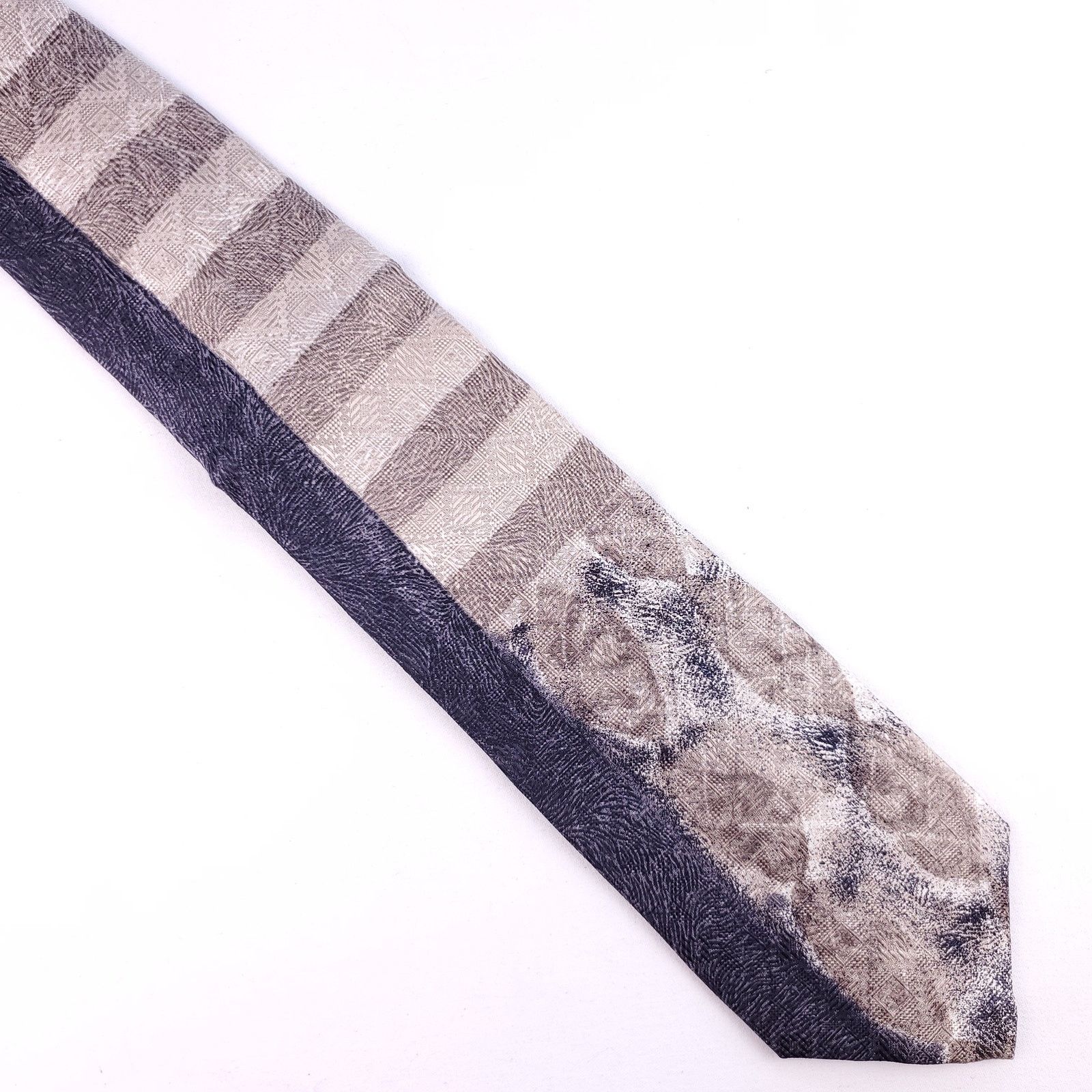 Vintage Vintage Bruno Piatelli Neutral Black Tan Striped Silk Tie Size ONE SIZE - 2 Thumbnail