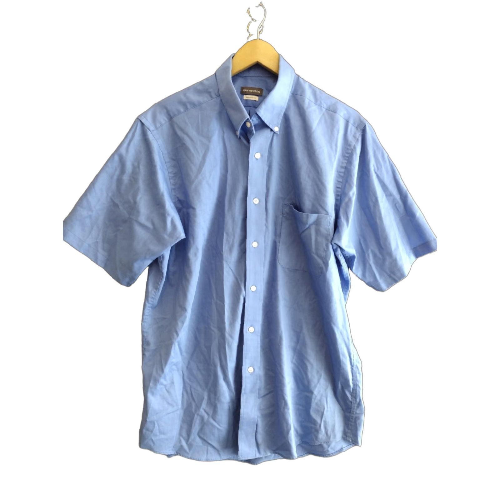 Van Heusen Van Heusen Shirt M Blue Short Sleeve Dress Regular Fit Button-Up Casual Business Travel Mens 15 1/2 - 16 Size 40R - 1 Thumbnail