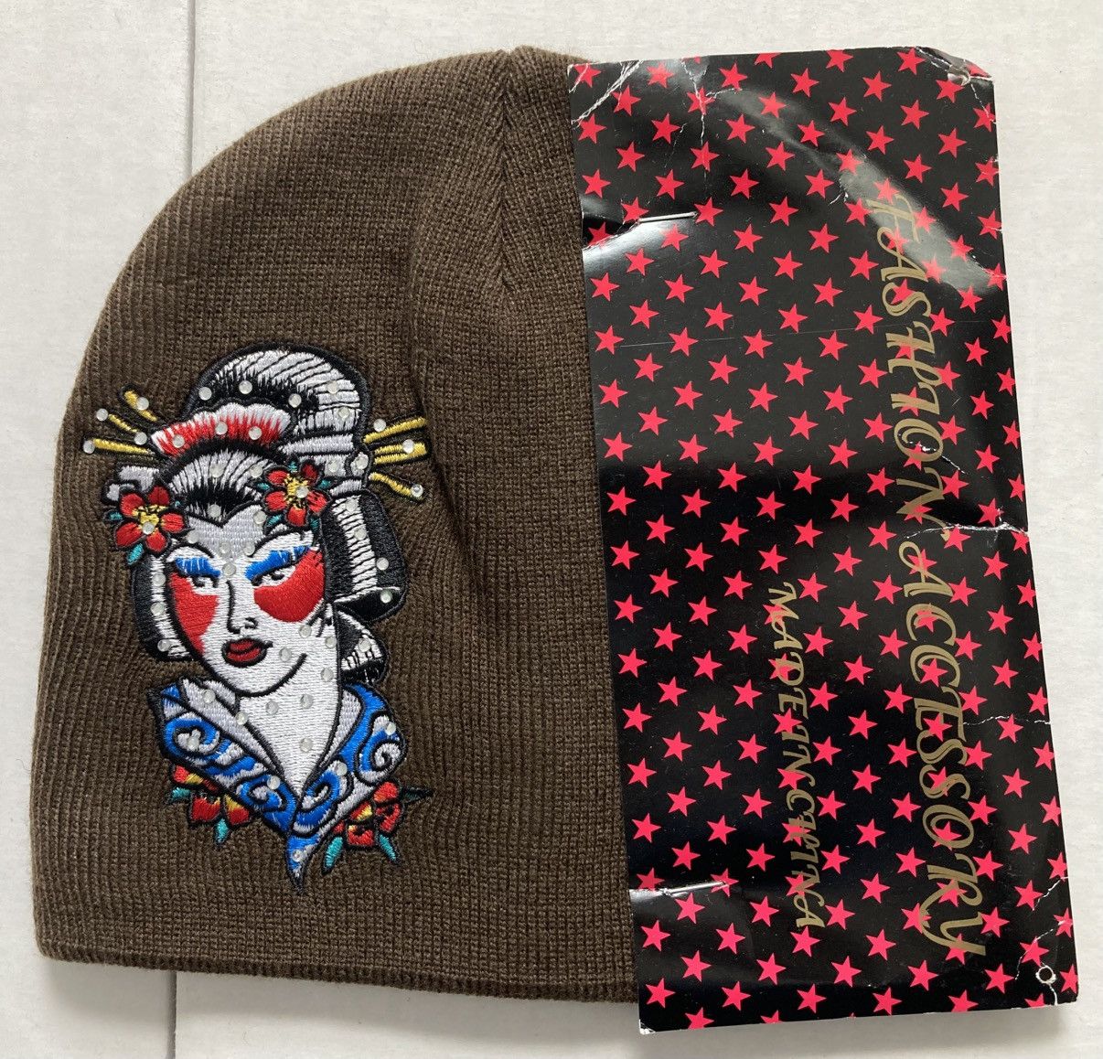 Christian Audigier × Ed Hardy × Vintage DON ED HARDY BROWN BEANIE CAP GEISHA JAPANESE EMBROIDERED Size ONE SIZE - 1 Thumbnail