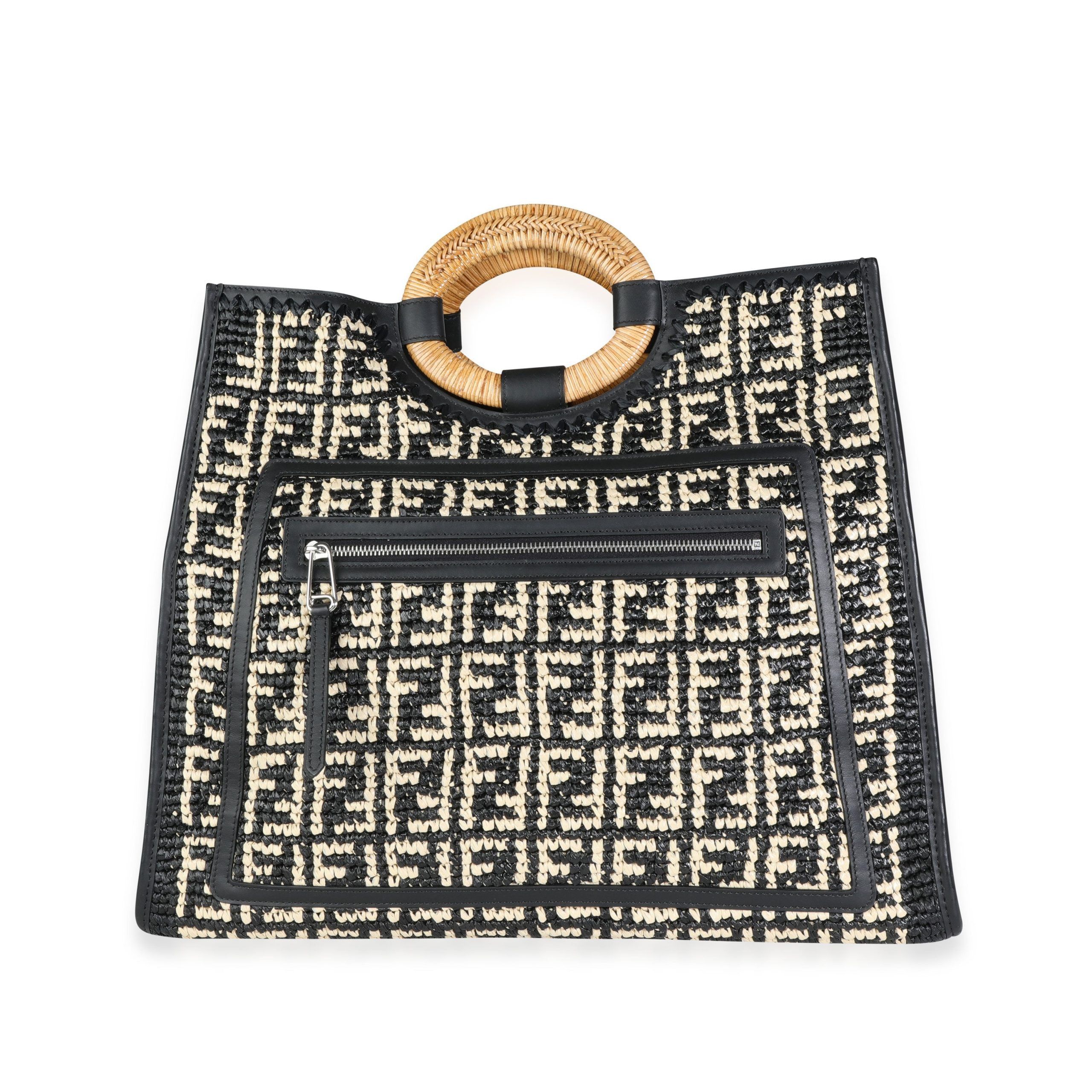 image of Fendi Black & White Raffia Large Runaway Shopper Tote, Women's