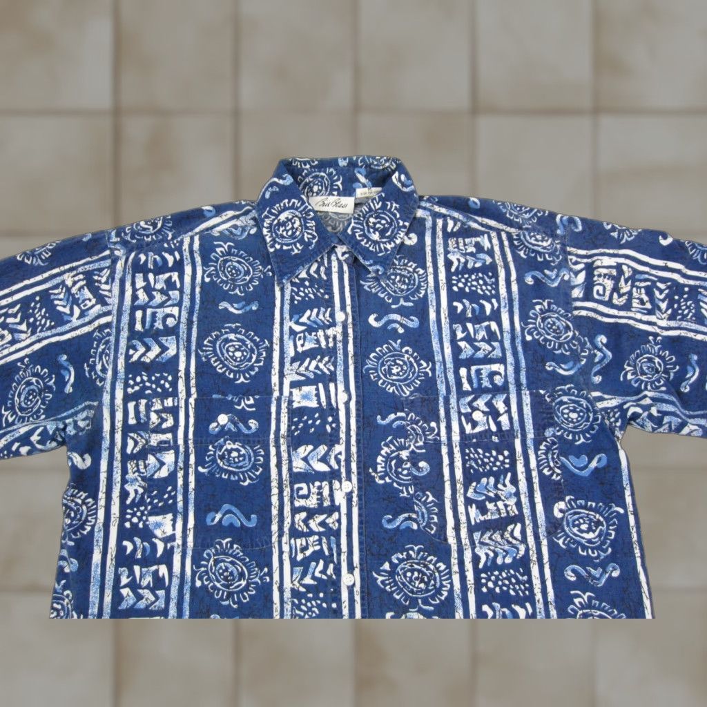 Bill Blass VINTAGE Bill Blass Shirt Mens Medium Blue White Abstract Tribal Cotton Hawaiian Shirt Size US M / EU 48-50 / 2 - 1 Thumbnail