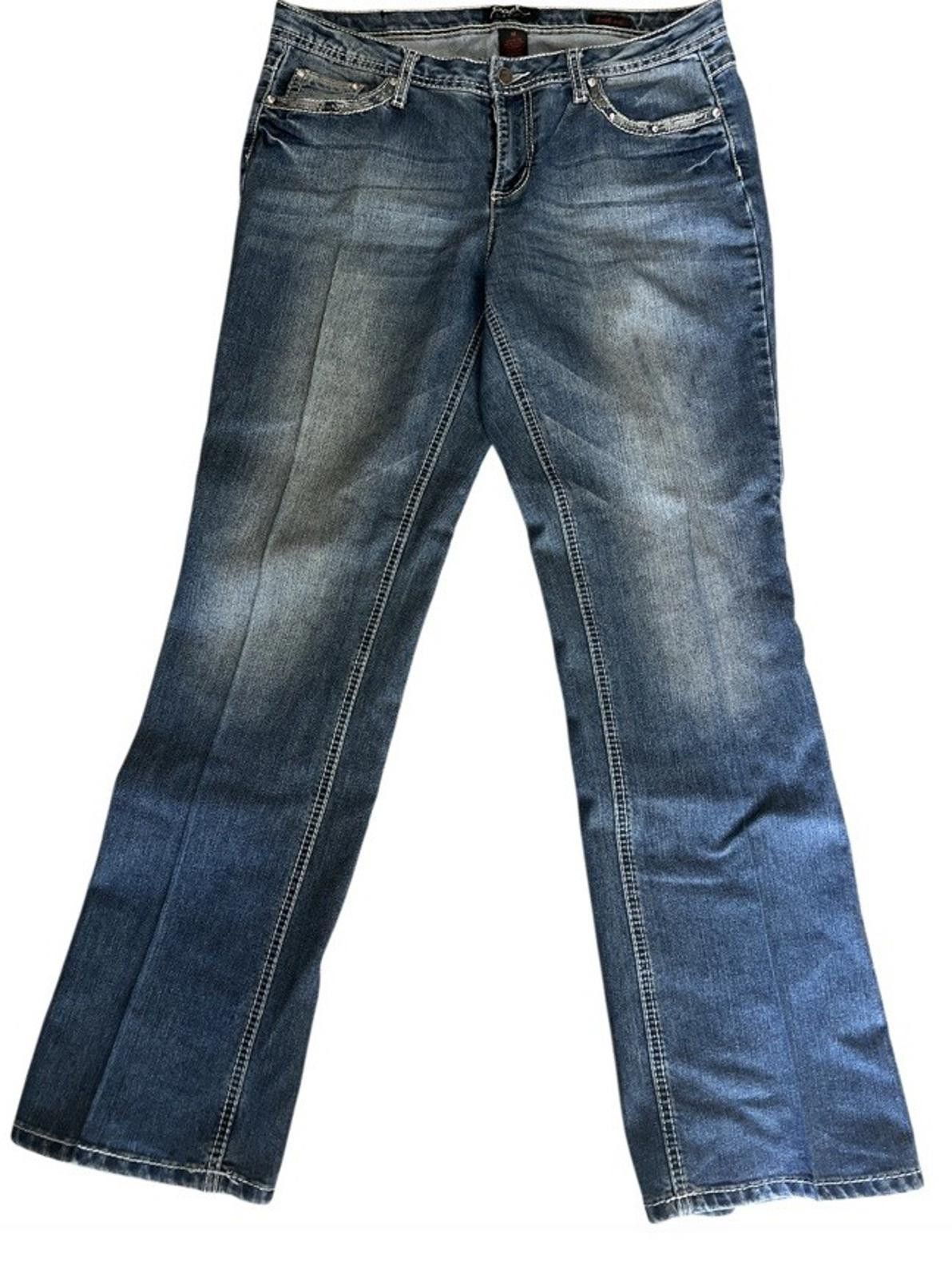 American Eagle Outfitters EARL Blue STRETCH DENIM Embellished Pockets Boot Cut Sz 12 Size 34" / US 12 / IT 48 - 1 Thumbnail