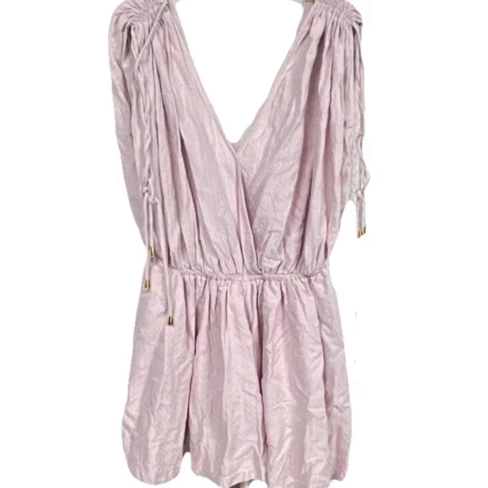 Pinko Hyfve Pink Romper Womens S Ruched Drawstring Shoulder Surplice V Neck Boho Size 28" / US 6 / IT 42 - 2 Thumbnail