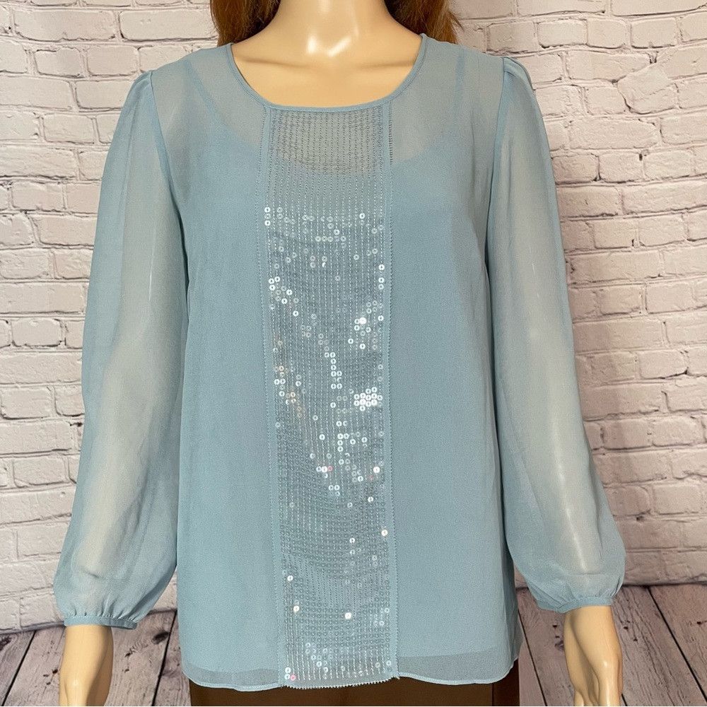 Talbots New Talbots Blue Long Sleeve Chiffon Sequin Blouse Size 8 Size M / US 6-8 / IT 42-44 - 2 Thumbnail