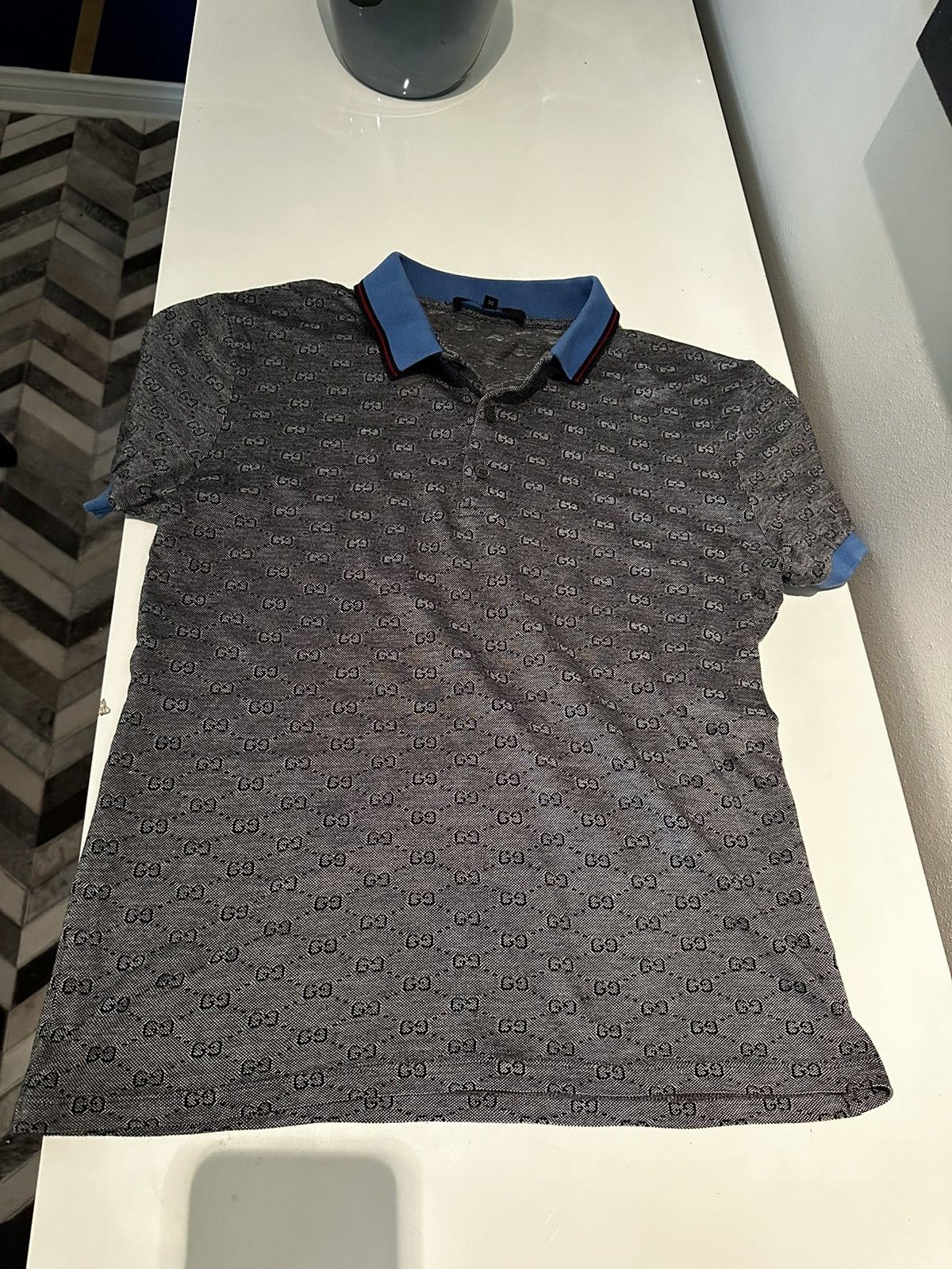 image of Like New Gucci Polo, In A Silver Grey With Blue Accents, Women's (Size Medium)