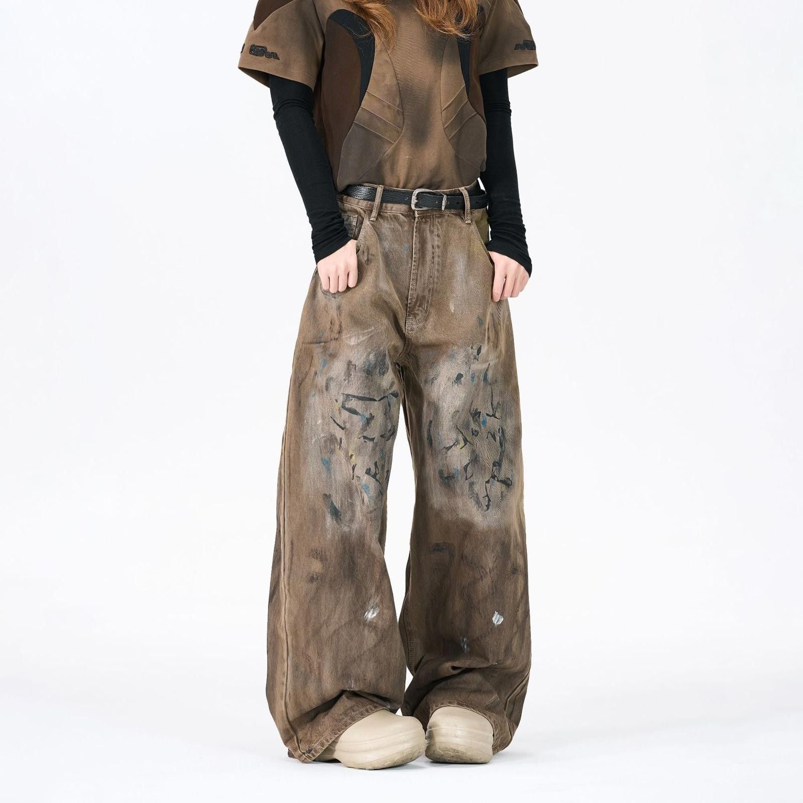 Vintage Brown Distressed Baggy Wide Leg Pants, Casual Streetwear Size 27" / US 4 / IT 40 - 1 Thumbnail