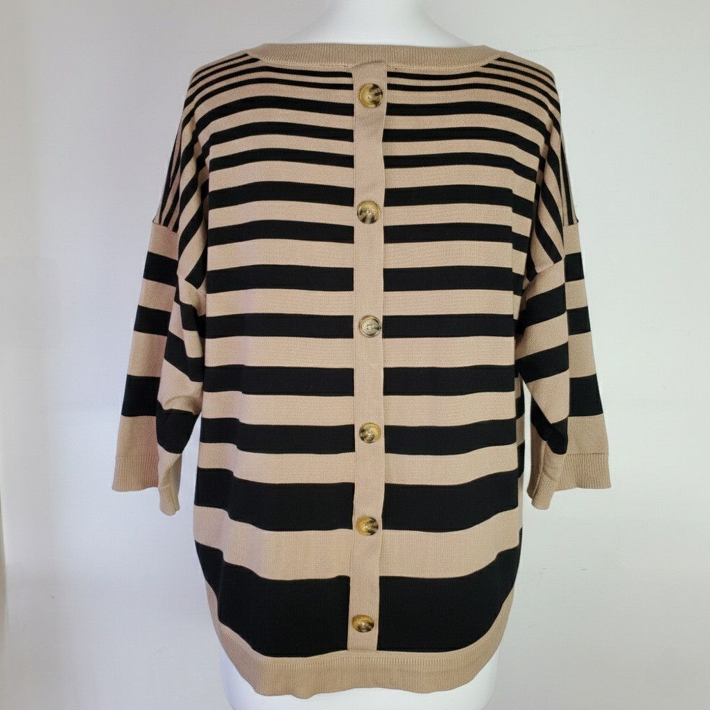 Other Cable & Gauge Size 1X Sweater 3/4 Sleeve Stripe Button Scoop Size XL / US 12-14 / IT 48-50 - 3 Thumbnail
