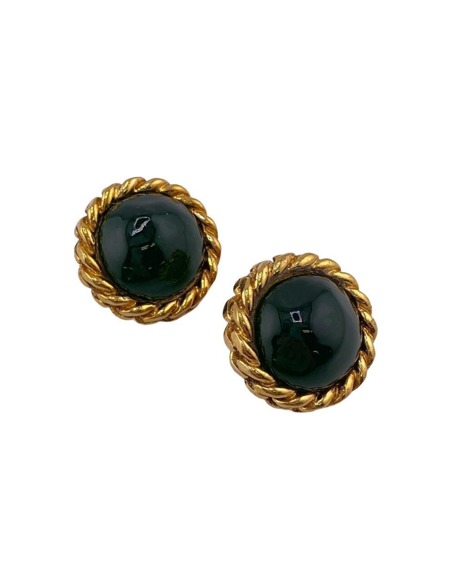 image of Chanel Gold Plated Green Accented Clip Earrings, Women's