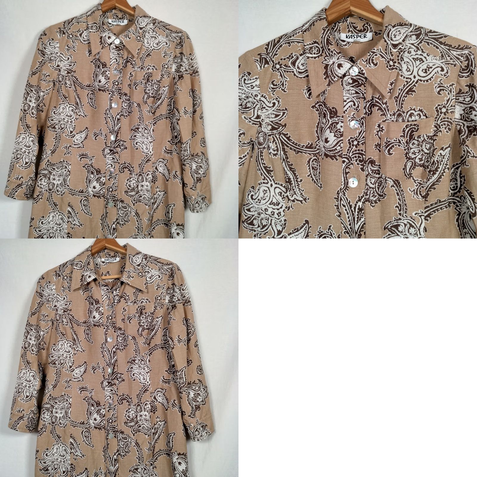 Kasper Kasper Shirt Dress Size 8 Button Front Collared 3/4 Sleeve Brown Floral Paisley Linen Rayon Knee Length Women Dress Size M / US 6-8 / IT 42-44 - 9 Thumbnail