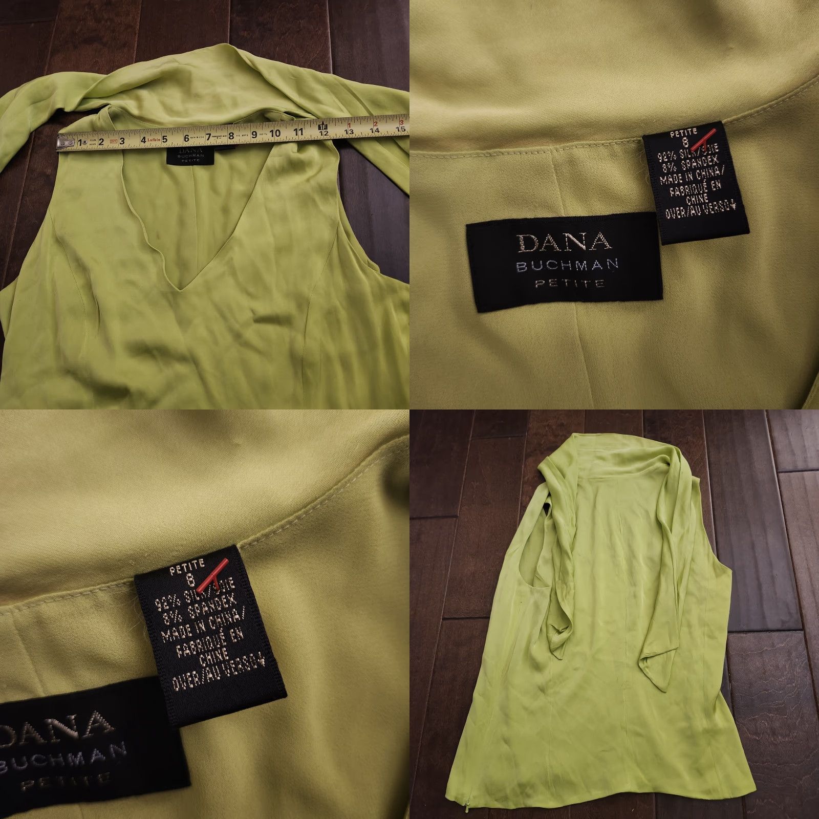 Vintage VINTAGE Dana Buchman Blouse Sleeveless V-Neck Tie Neck Silk Blend Lime Green 8P Petite Women Shirt Size M / US 6-8 / IT 42-44 - 9 Thumbnail