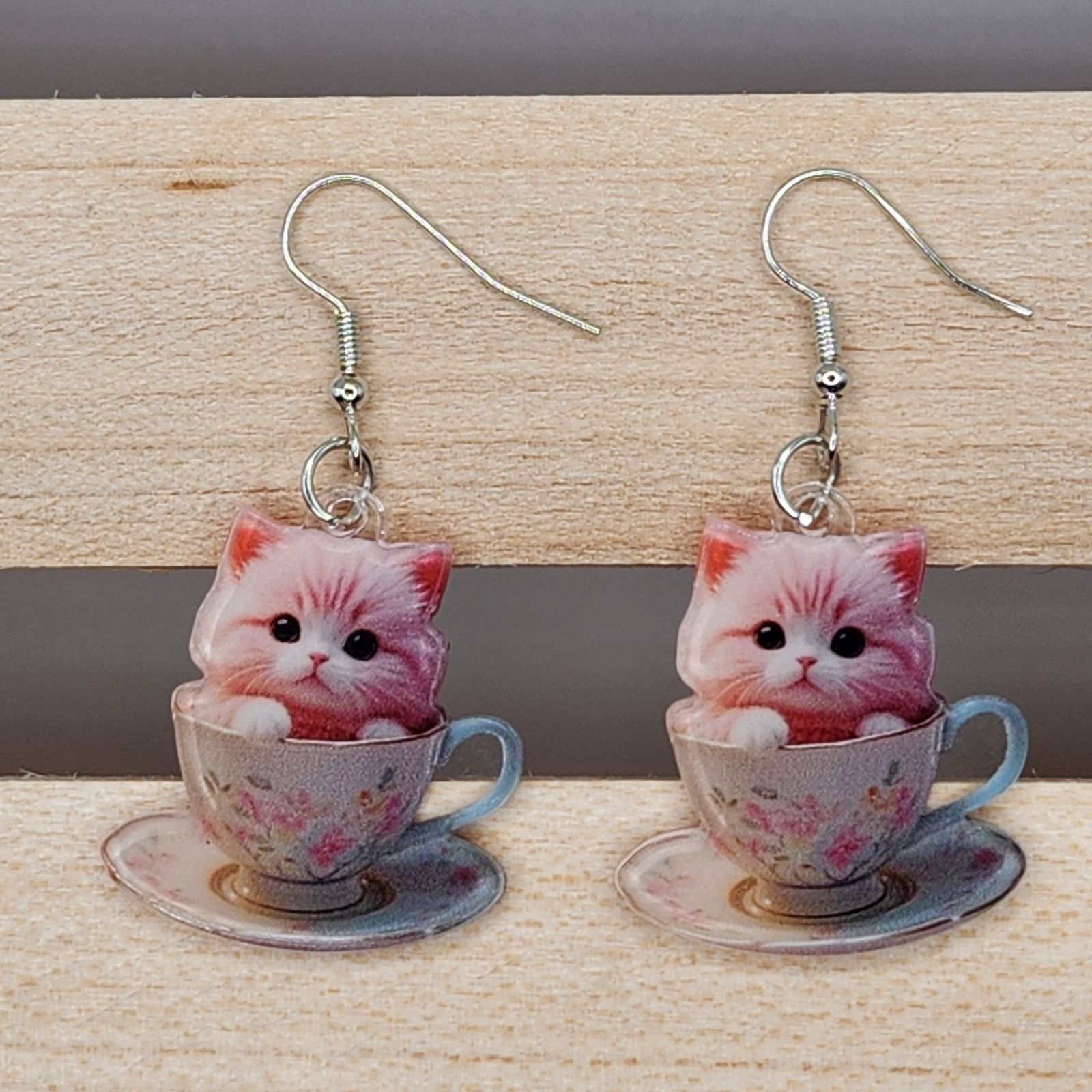 Other Pink Cat in Floral Teacup Acrylic Earrings Size ONE SIZE - 1 Thumbnail