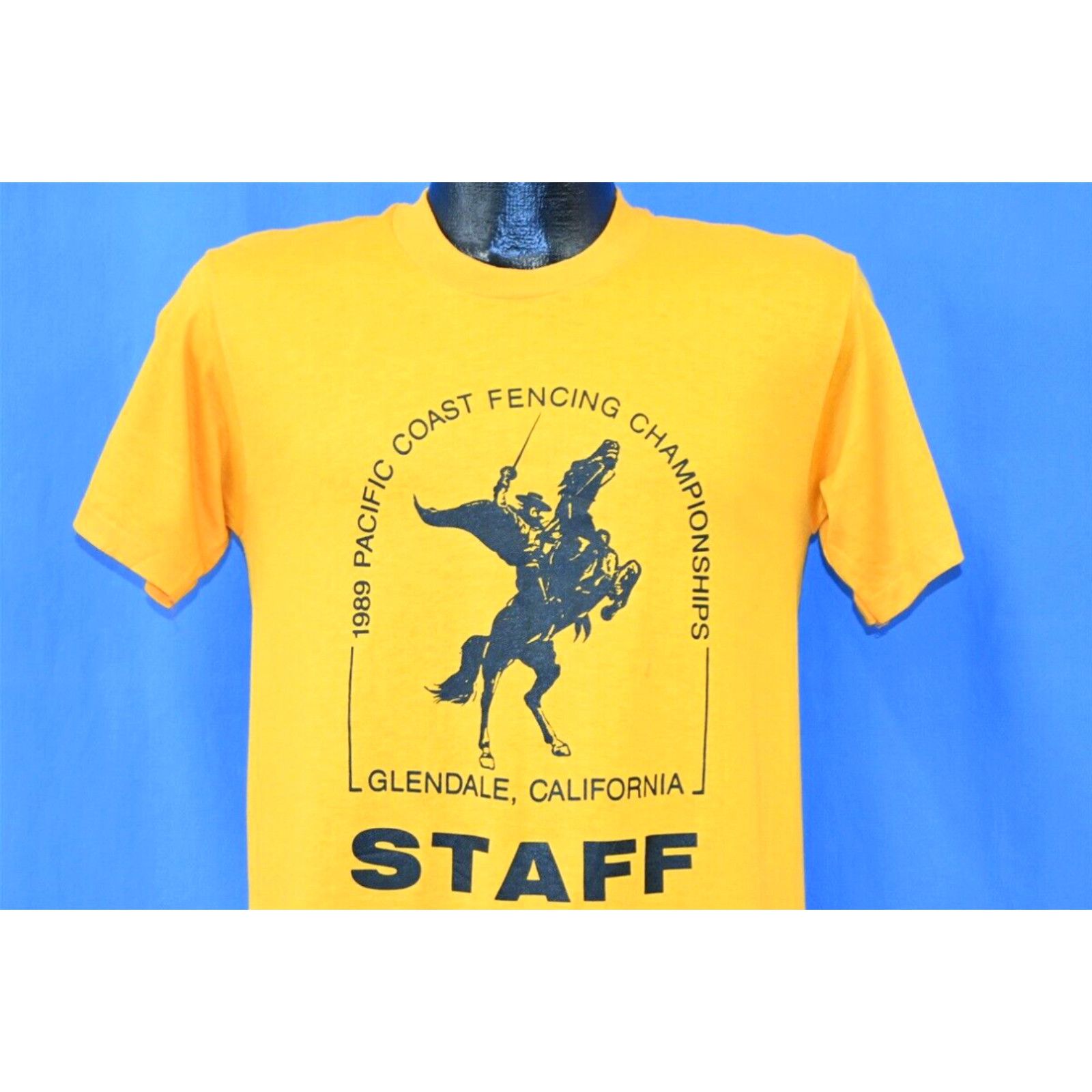 image of Vintage 80's Pacific Coast Fencing '89 Champs Glendale Ca Staff T-Shirt Small S in White, Men's