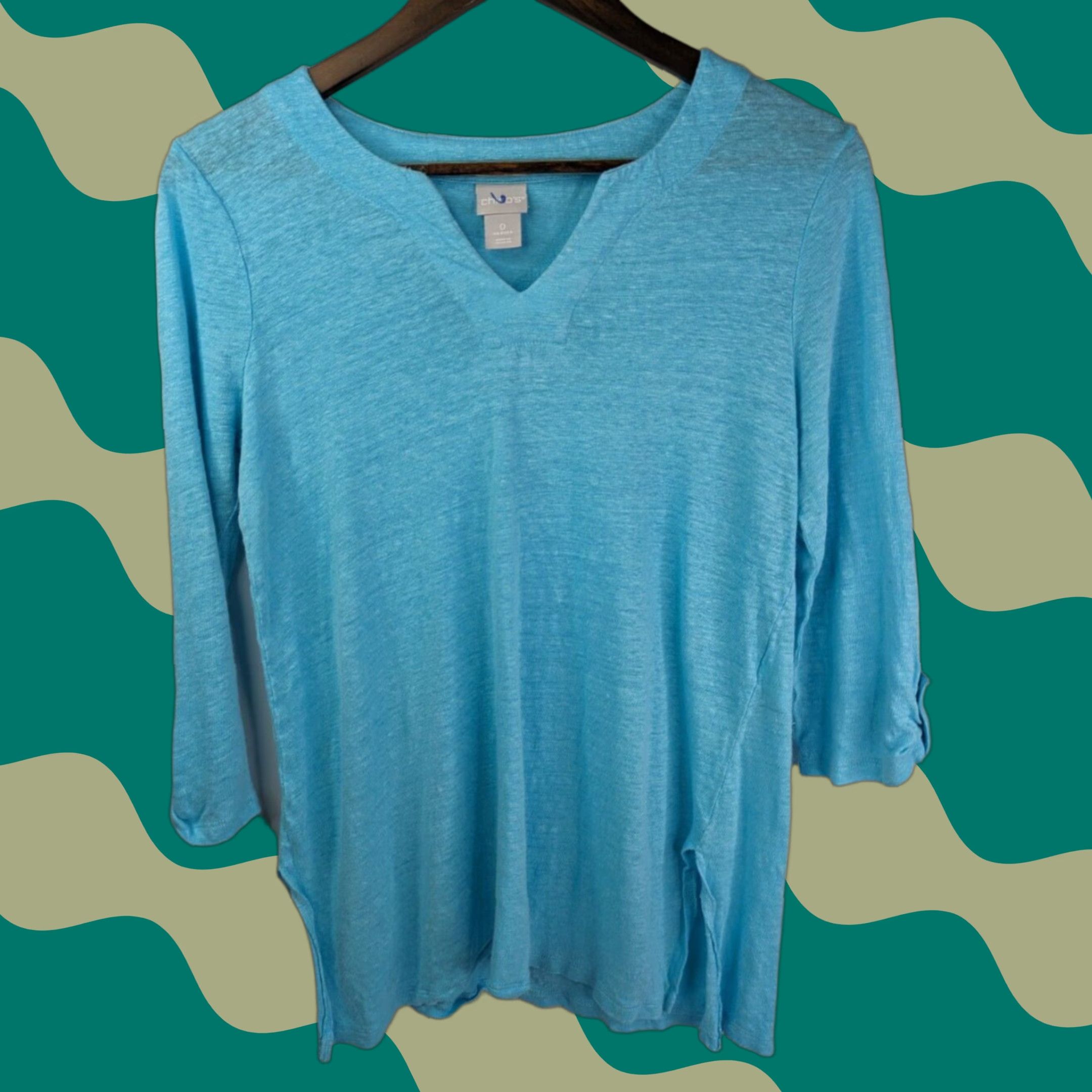 Vintage Chico's Tunic Shirt Blue 100% Linen Knit V-Neck 3/4 Sleeve Roll Tab Breathable Lightweight Womens Regular Size S Size S / US 4 / IT 40 - 1 Thumbnail