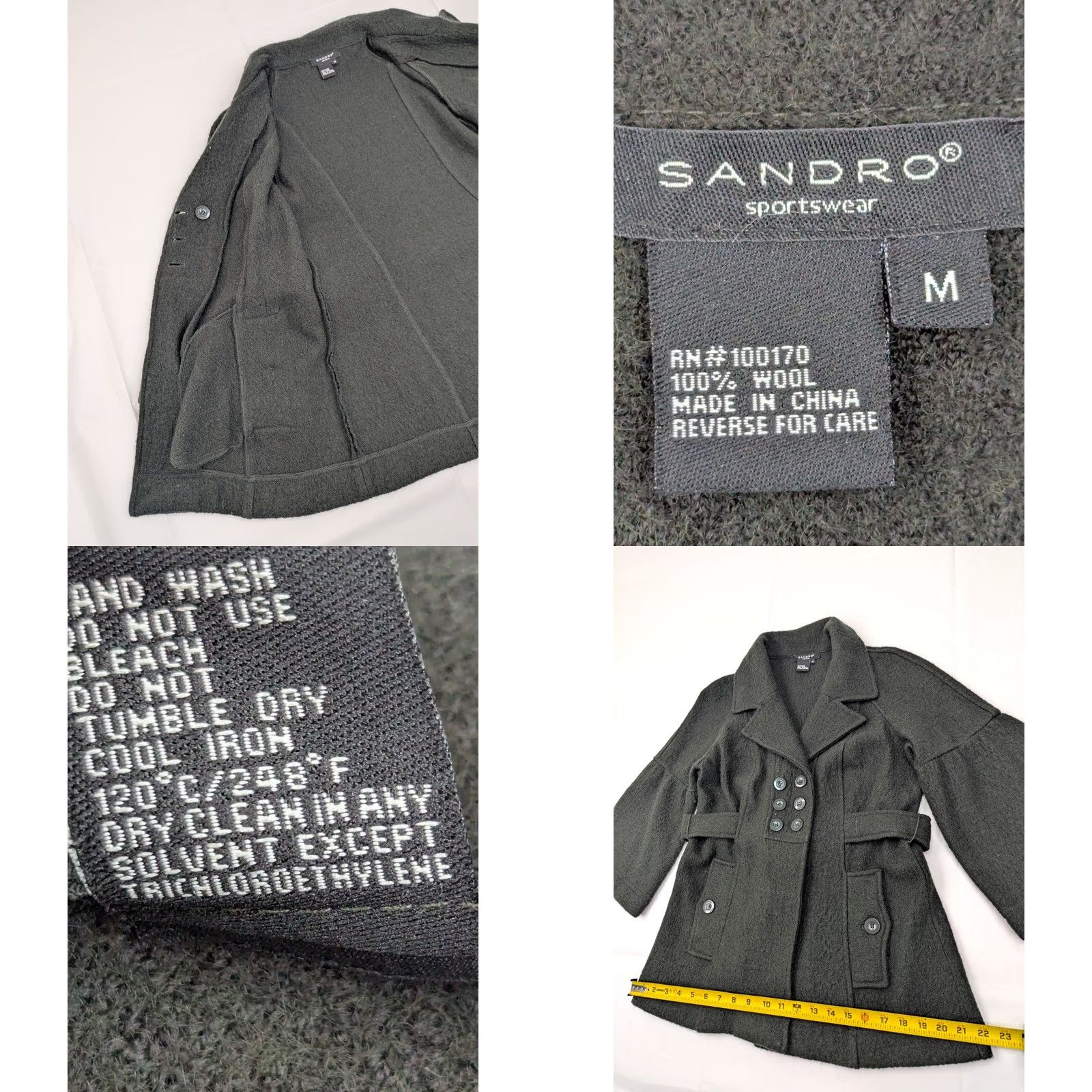 Sandro Sandro Coat Womens S Green Wool Flare Sleeve Belted Double Breast Button Cardigan Women Size S / US 4 / IT 40 - 8 Thumbnail