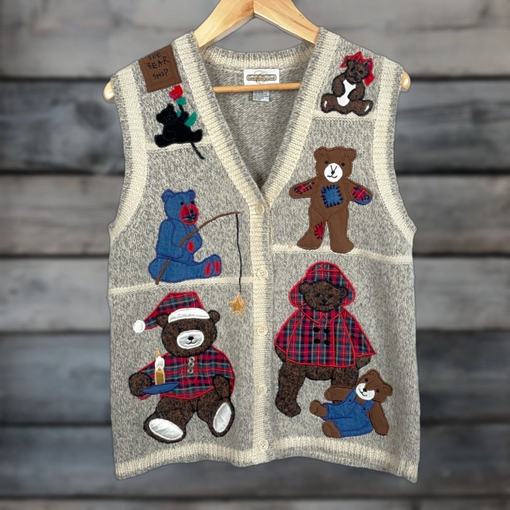 Vintage VINTAGE Cambridge Dry Goods Wool Teddy Bear Embroidery Sweater Vest Women's Large Gray Button Up Knit Adult Regular 90s Animals Mens/Womens? Size L / US 10 / IT 46 - 1 Thumbnail