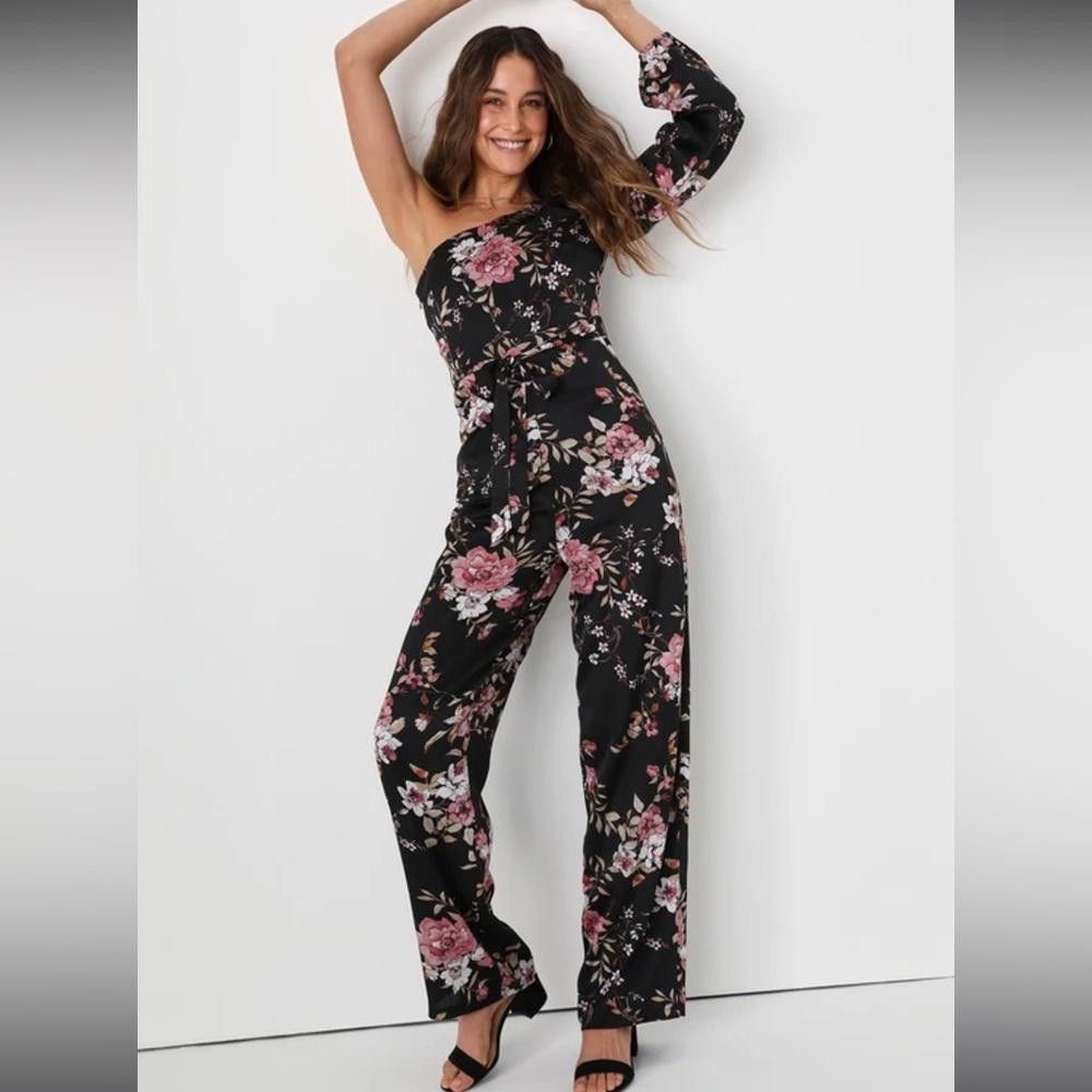 Lulus Lulus l NWT Black Satin Floral One-Shoulder Jumpsuit Small Size 28" / US 6 / IT 42 - 11 Thumbnail