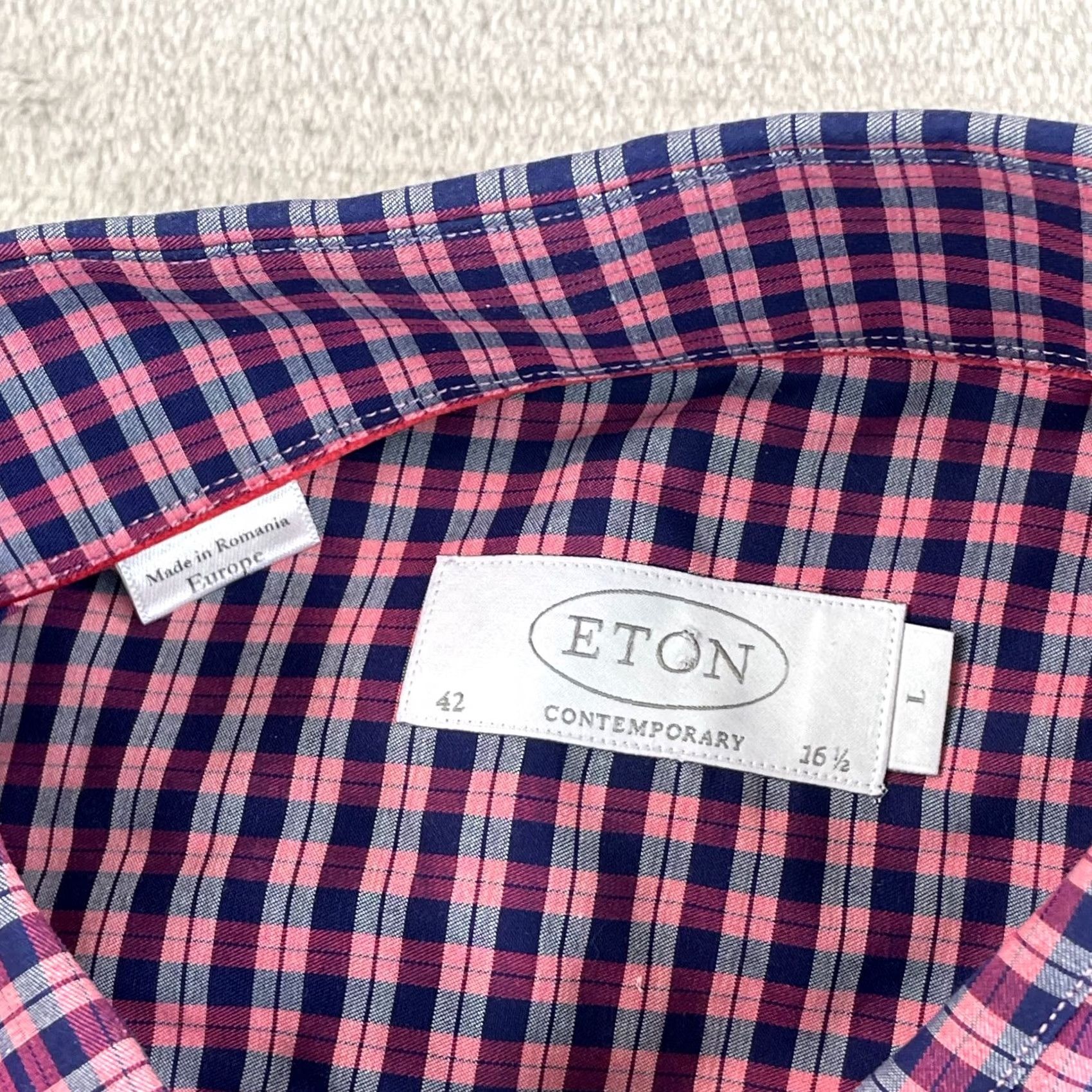 Eton ETON Shirt Men 42 16.5 Large Pink Navy Plaid Designer Long Sleeve Size US L / EU 52-54 / 3 - 2 Thumbnail