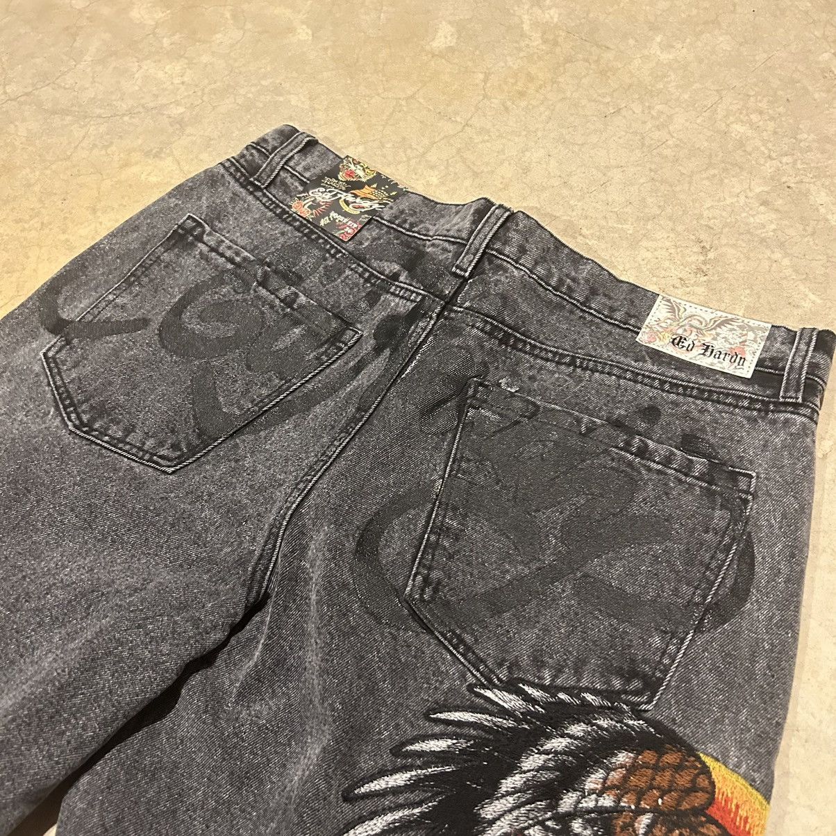 Ed Hardy × Vintage Crazy Vintage Y2K Ed Hardy Script Embroidered Baggy Jeans Size US 36 / EU 52 - 6 Thumbnail