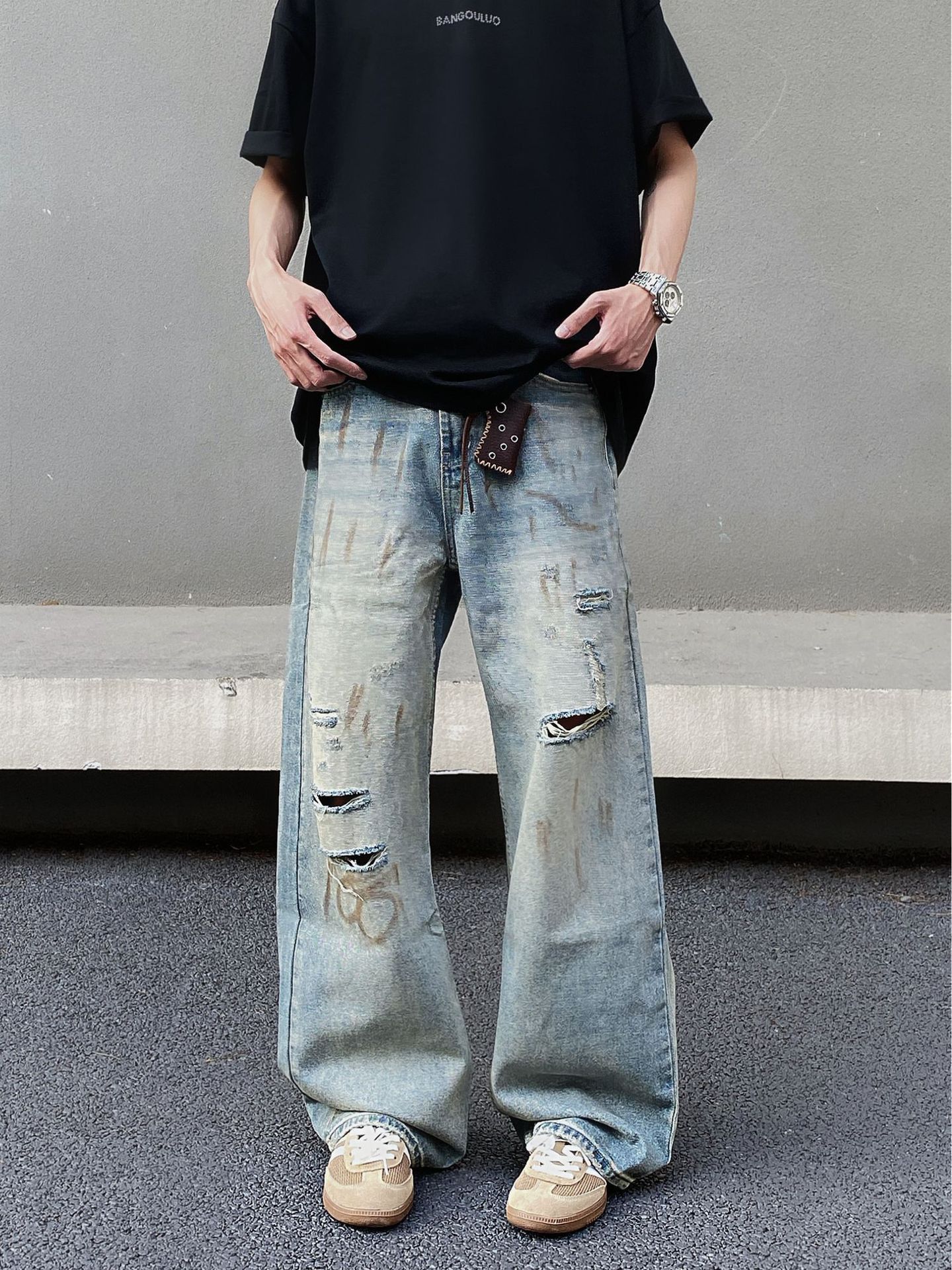 Men's straight vintage dirty-dyed graffiti ripped jeans