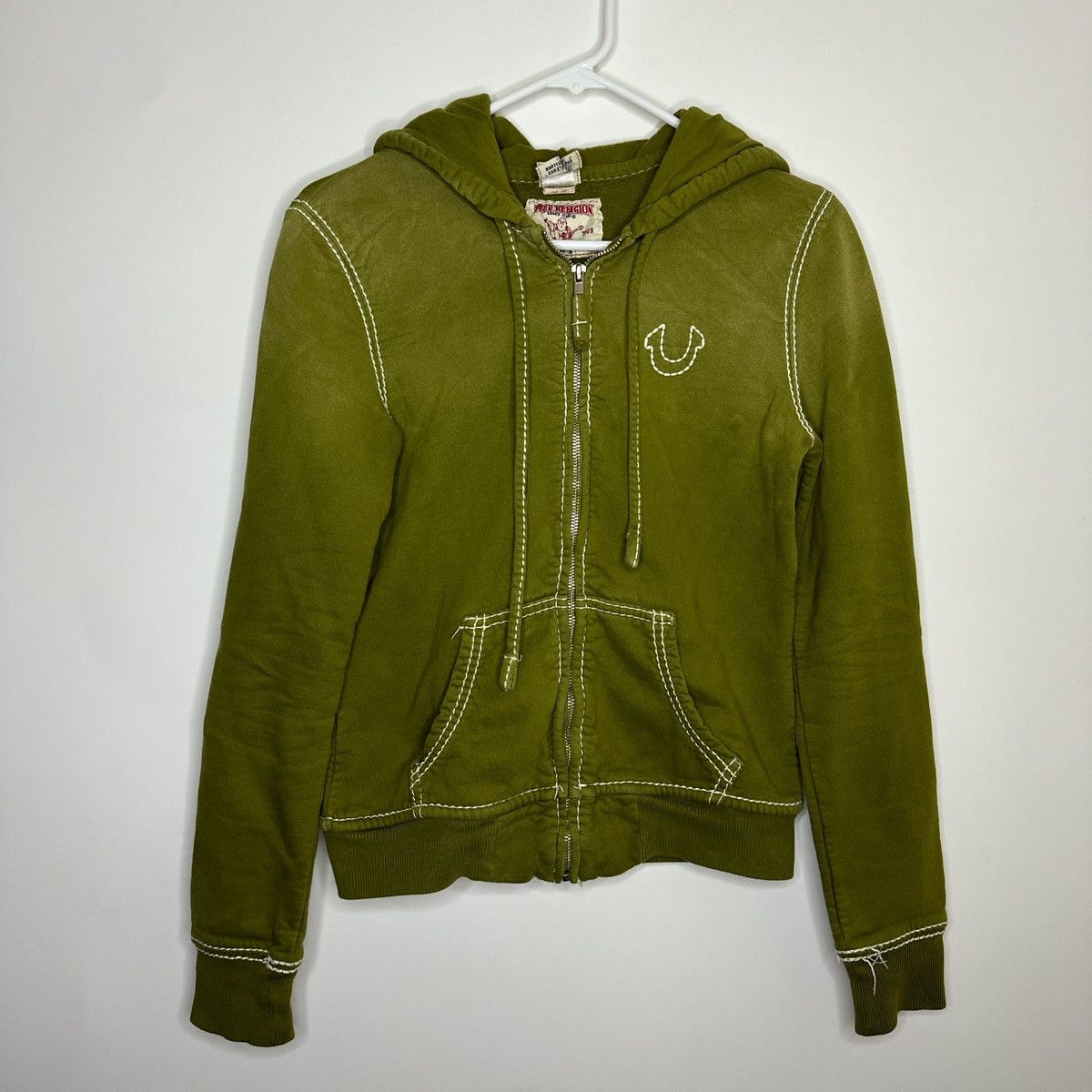 image of True Religion Double Stitch Zip Big T Hoodie in Green, Women's (Size Medium)
