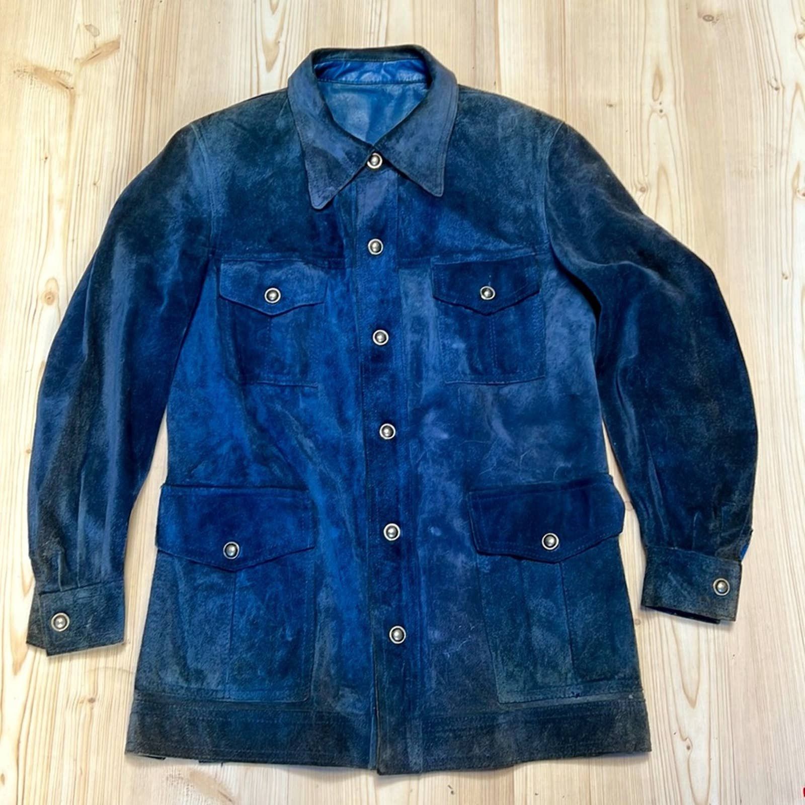 image of American Vintage Blue & Suede Leather Reversible Jacket, Men's (Size Small)