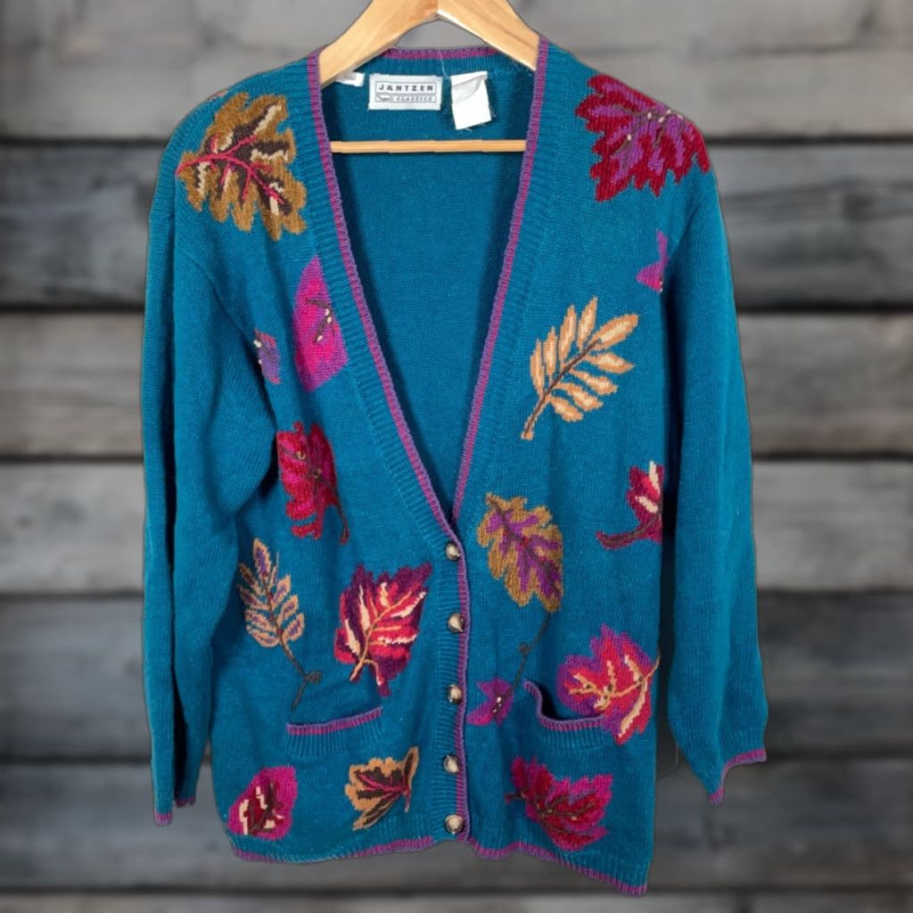 Jantzen VINTAGE Jantzen Cardigan Women Large Turquoise Embroidered Leaf Knit Sweater 90s Retro Womens Size L / US 10 / IT 46 - 1 Thumbnail