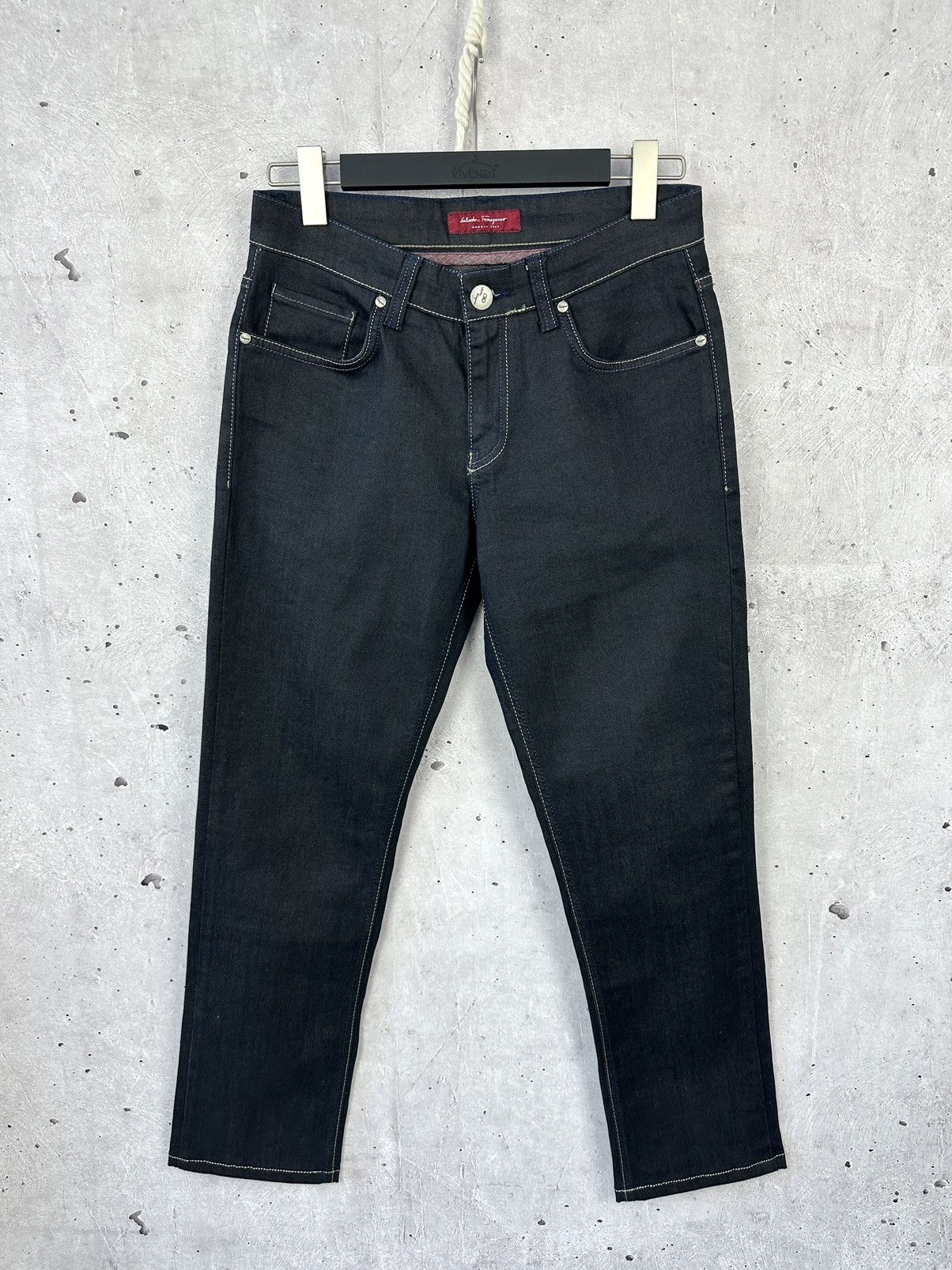 image of Italian Designers Salvatore Ferragamo Made In Italy Logo Dark Denim Pants in Dark Blue (Size 31)