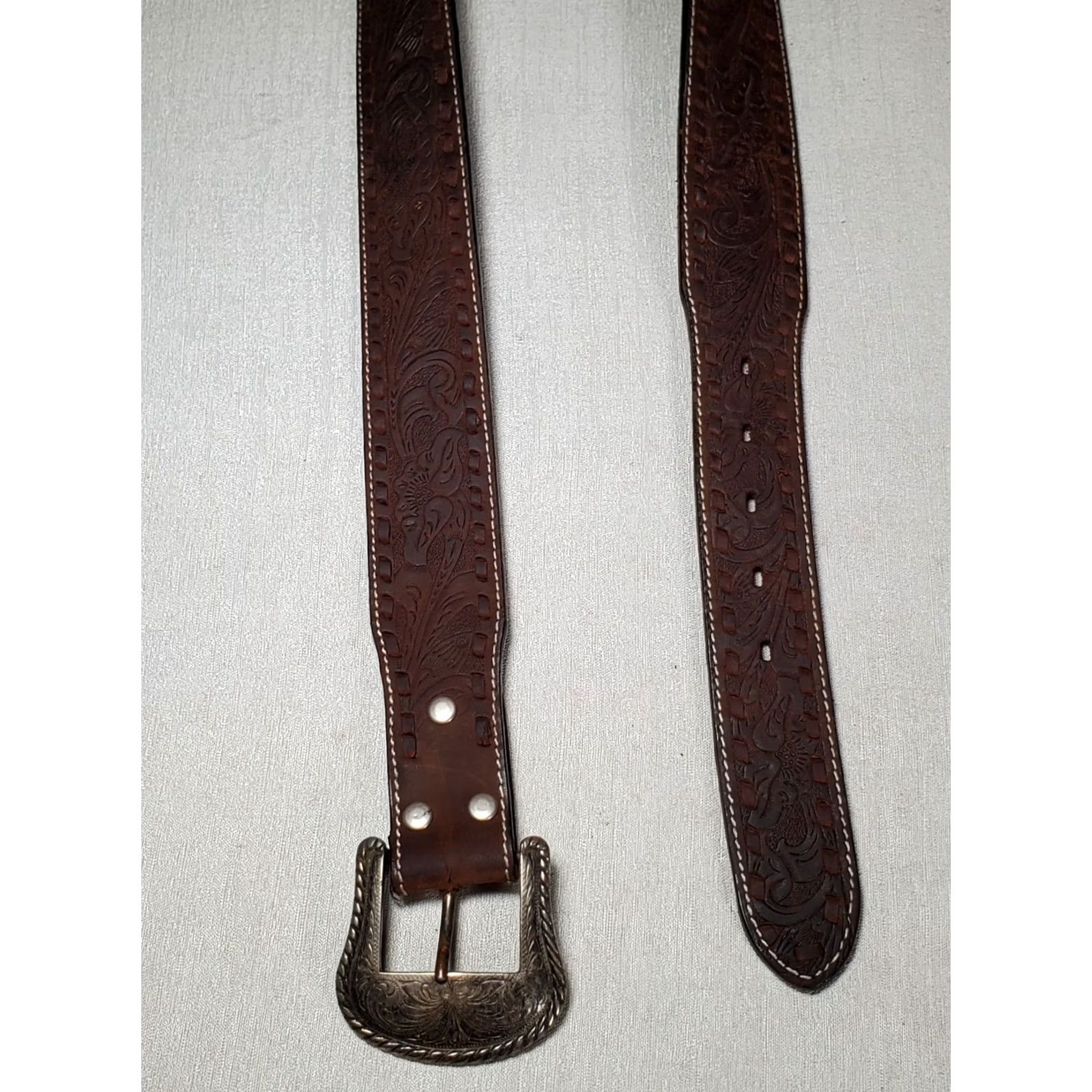 Vintage Nocona Western Belt Brown Leather Embossed Floral Contrast Stitching Men's 38 Size 38 - 4 Thumbnail