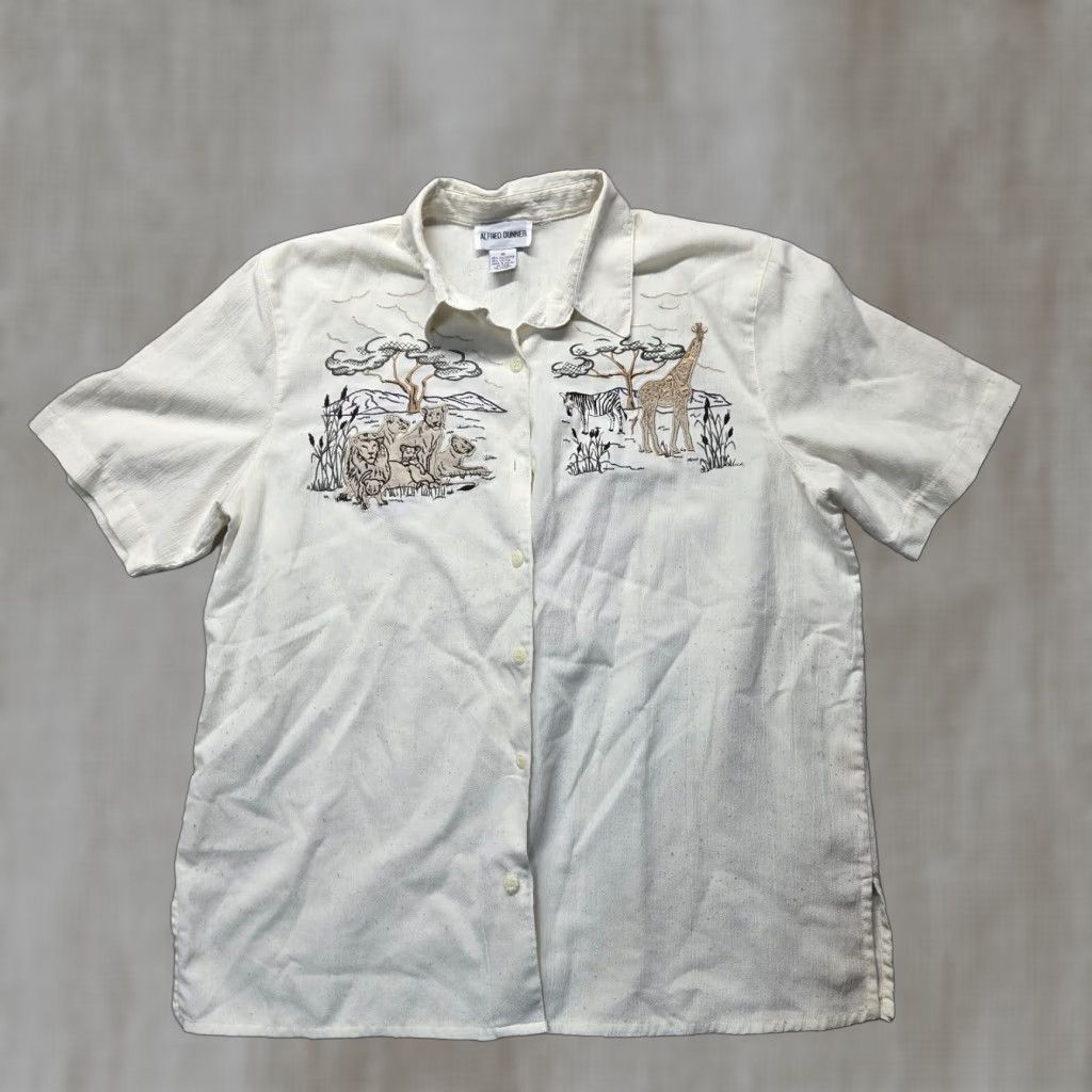 Vintage VINTAGE Alfred Dunner Tan Embroidered Zoo Animal African Button Up Shirt Adult Womens 16 Size XXL / US 16-18 / IT 52-54 - 1 Thumbnail