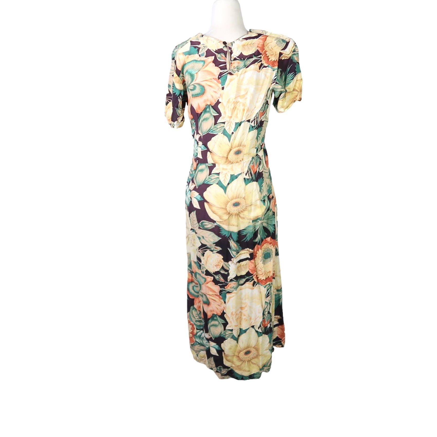 Vintage VINTAGE 90s All That Glitters Floral Midi Dress S Black Pale Yellow Women V-Neck Short Sleeve Cotton A-Line 43" Long Size S / US 4 / IT 40 - 4 Thumbnail